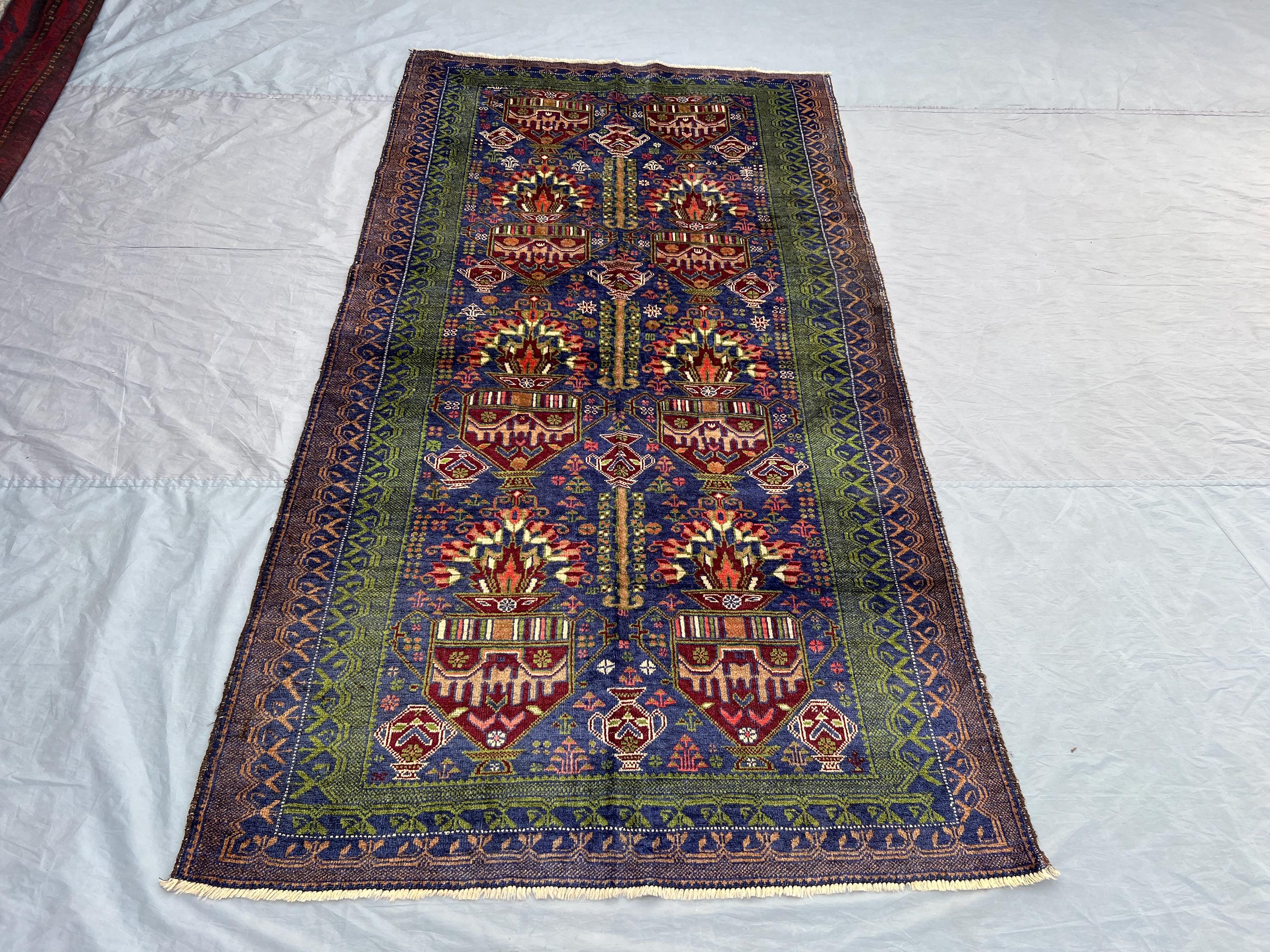 5x8 Afghan Baluch Rug | Antique Floral Pot Carpet | Hand Knotted Wool Rug | Boho Nomadic Runner | Navy Green Red Tribal Decor, Bedroom Rug