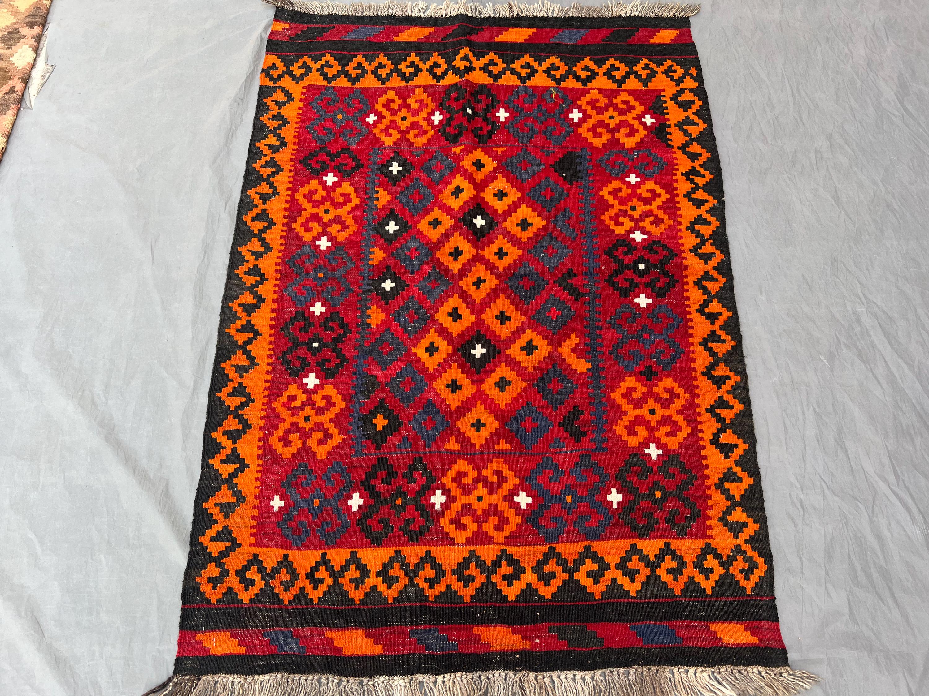3'3" x 4'9" Afghan Hand Woven Vintage Kilim Rug, One-of-a-Kind Small Area Rug, Maimana Design, Vibrant Red & Blue, Unique Home Decor
