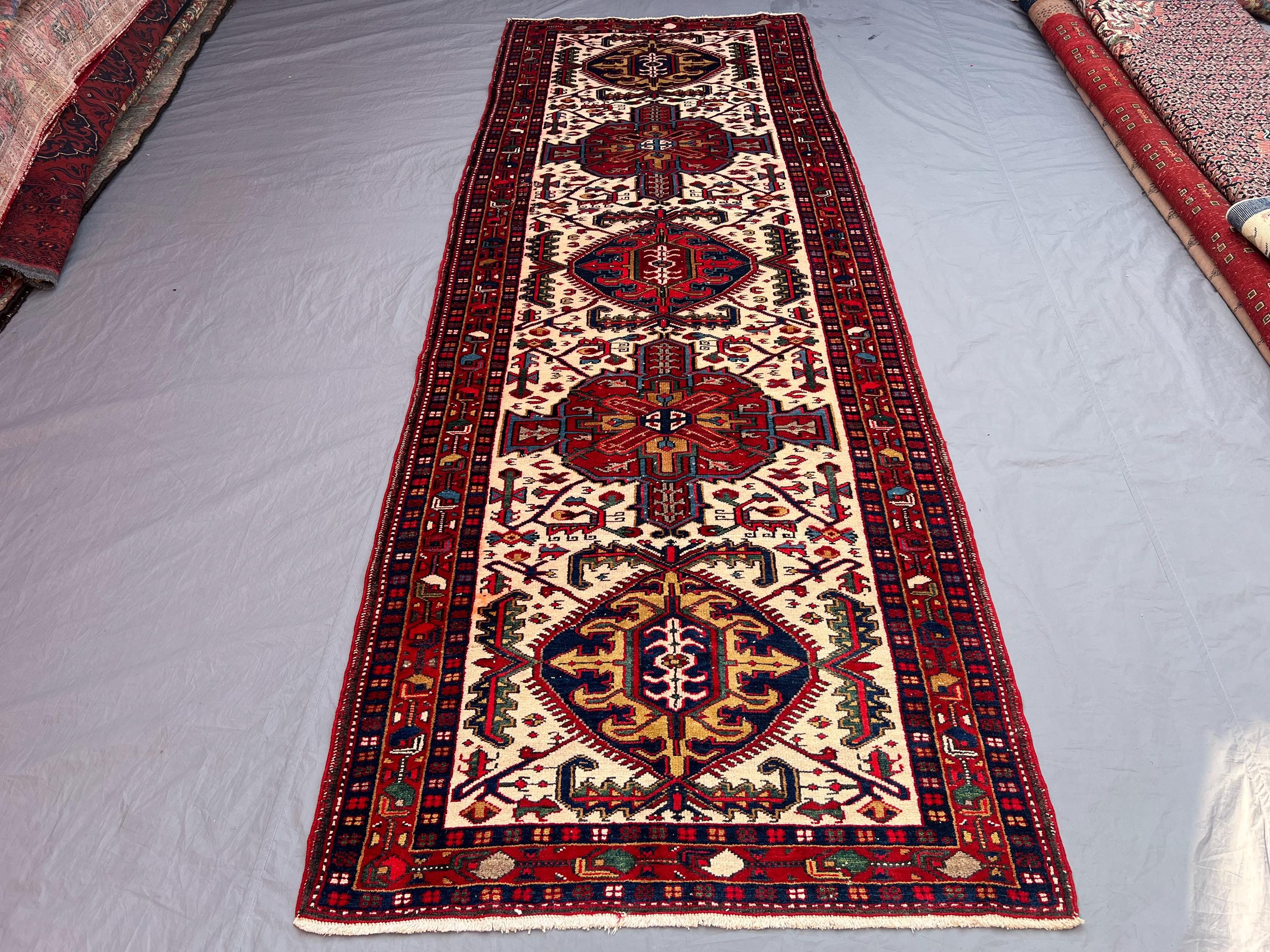 Red 3'8x10'6 Vintage Afghan Baluchi Runner, Hand-Knotted Wool, Geometric Tribal Medallion Design, Soft Pile fo