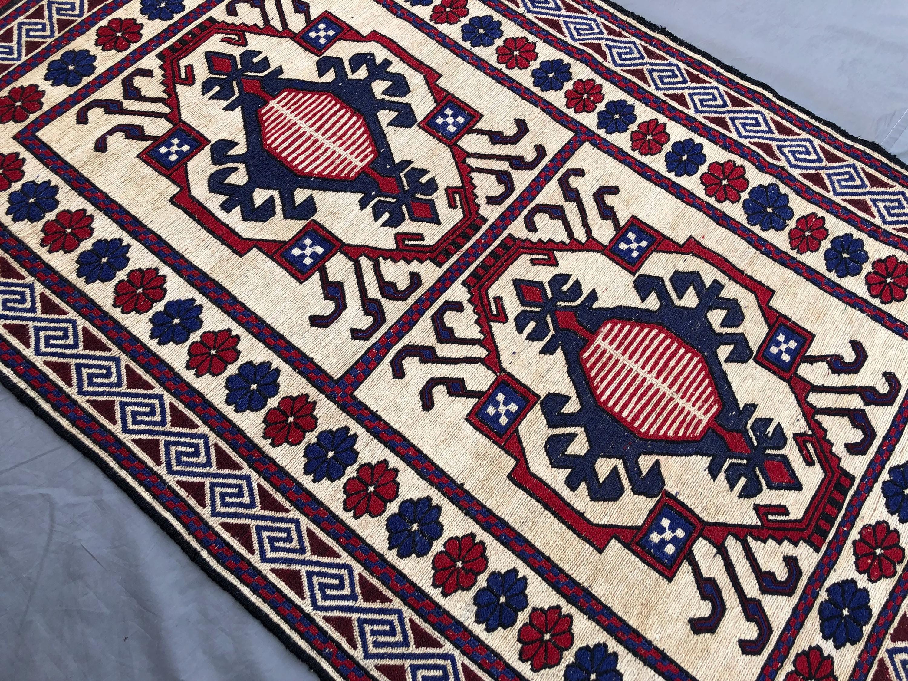 Vintage Afghan Kilim Rug | 3'9x6'3 ft Handmade Tribal Geometric Wool Carpet | Boho Area Rug Living Room Decor