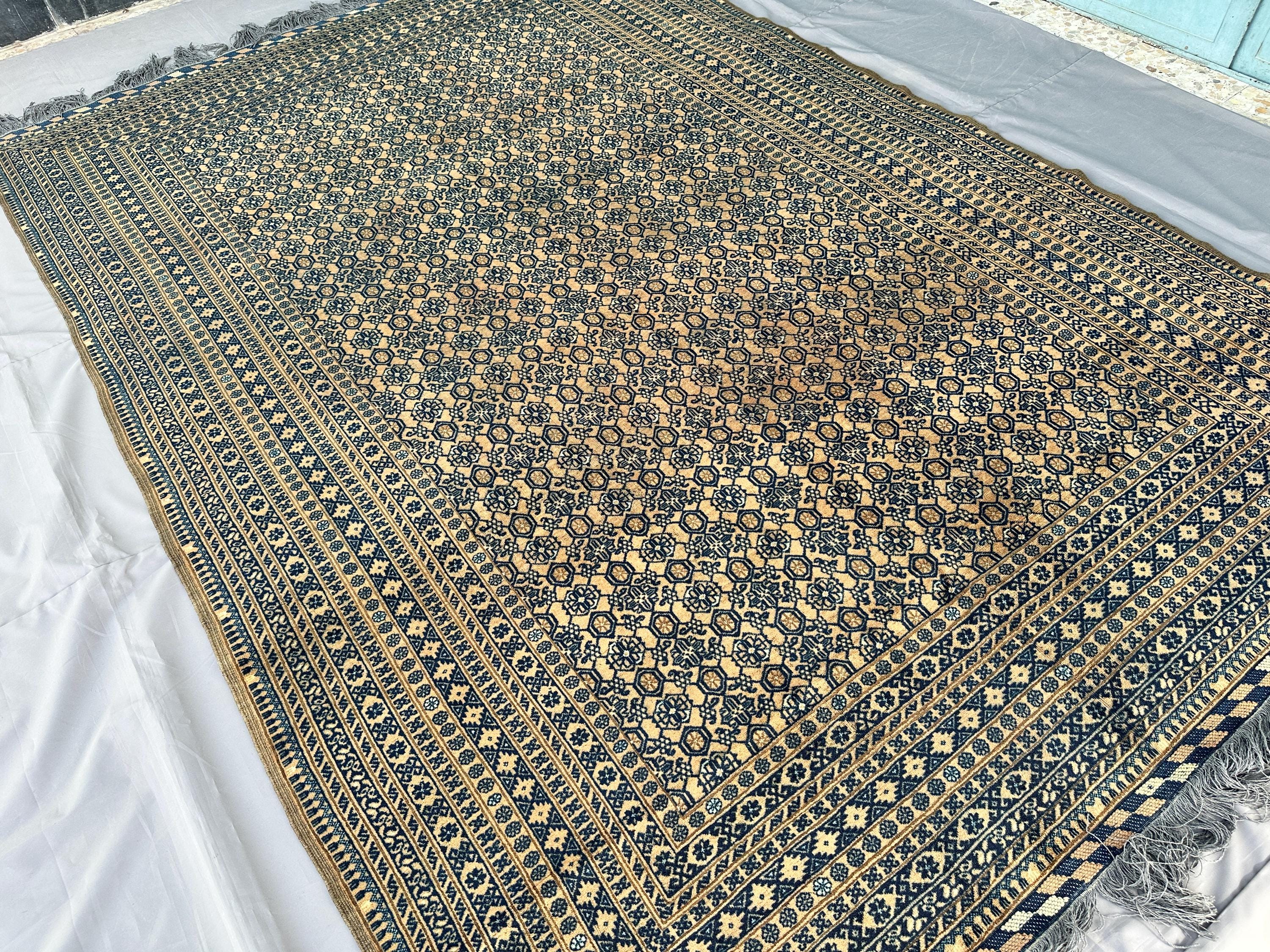 1970s Antique Afghan Khotan Rug 9x6, Hand-Knotted Wool Carpet, Navy & Gold Floral Octagon Lattice Design, Vint