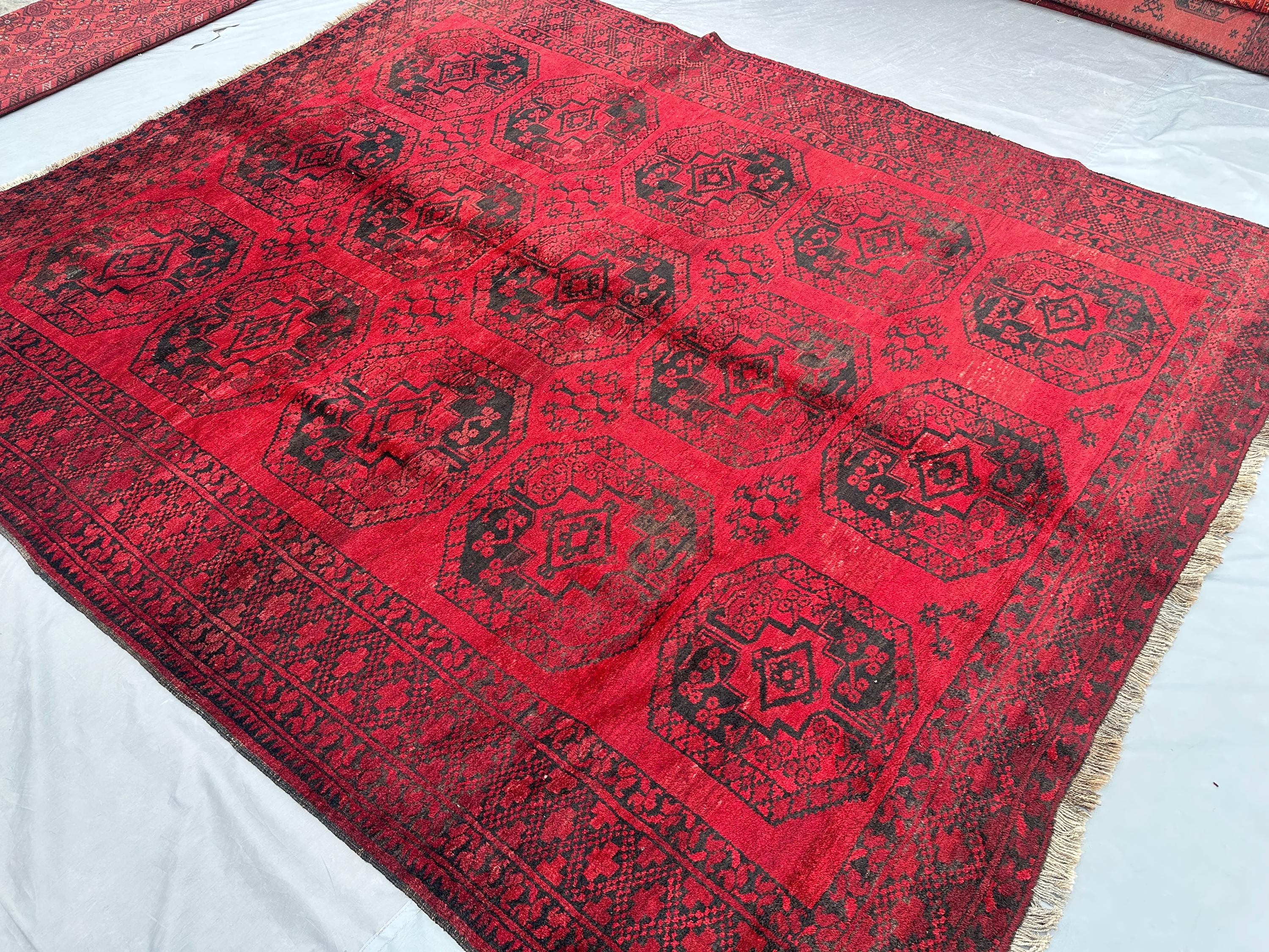 8x9 Antique 1900s Turkmen Bokhara Rug | Hand-Knotted Geometric Wool Rug | Red and Black Elephant Foot Design,
