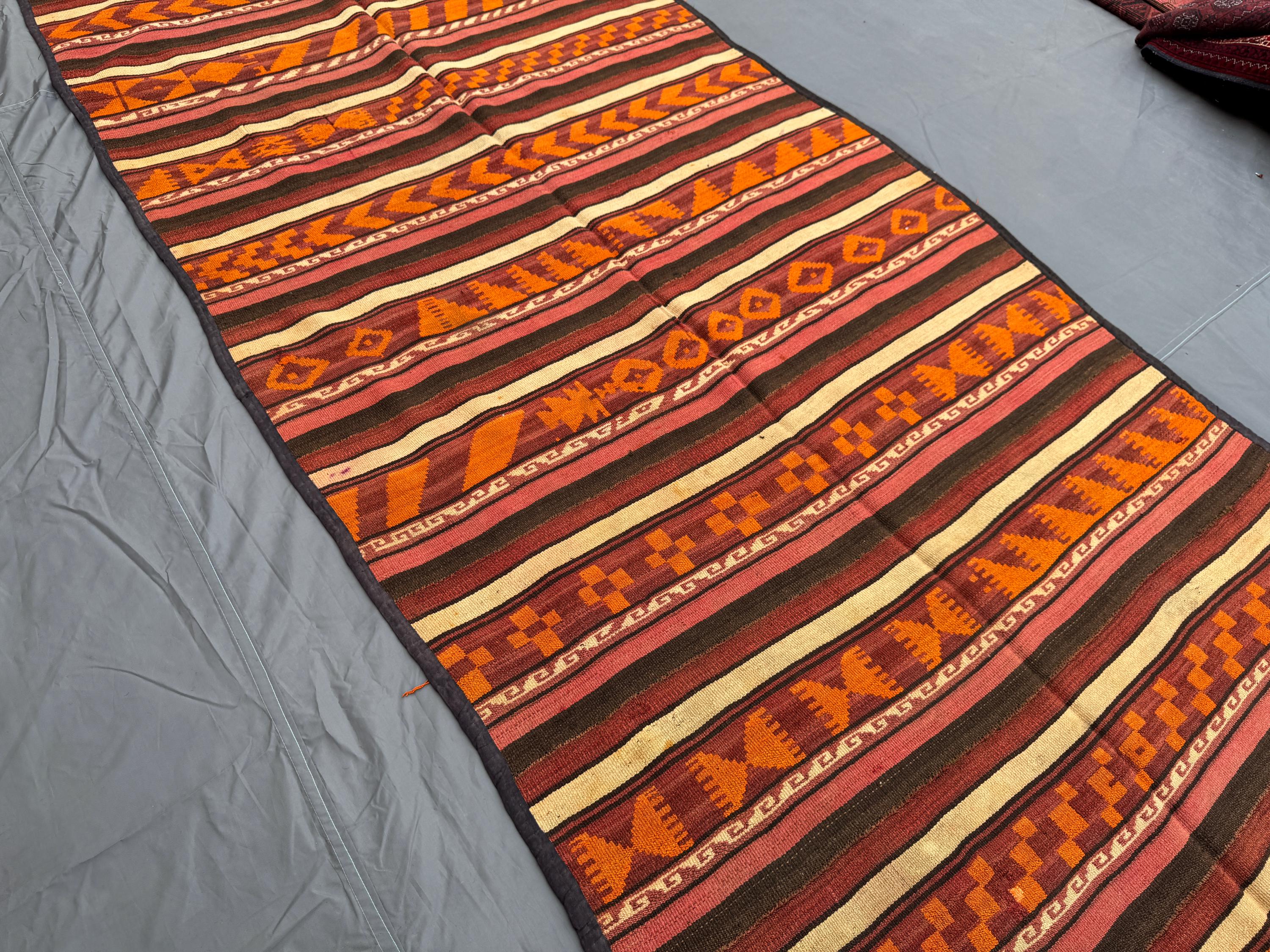 5 × 12 Afghan Handwoven Vintage Flat-Weave Kilim Maimana Tribal Design Striped Orange Red Wool Runner Boho Hal