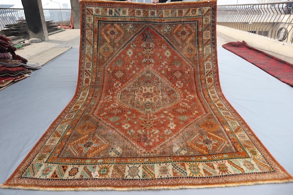 Antique Afghan Turkoman Tribal Wool Rug 5'2" x 7'9" | Terracotta Geometric Design | Rare Caucasian Style Turkish Rug, Bedroom Rug, Outdoor