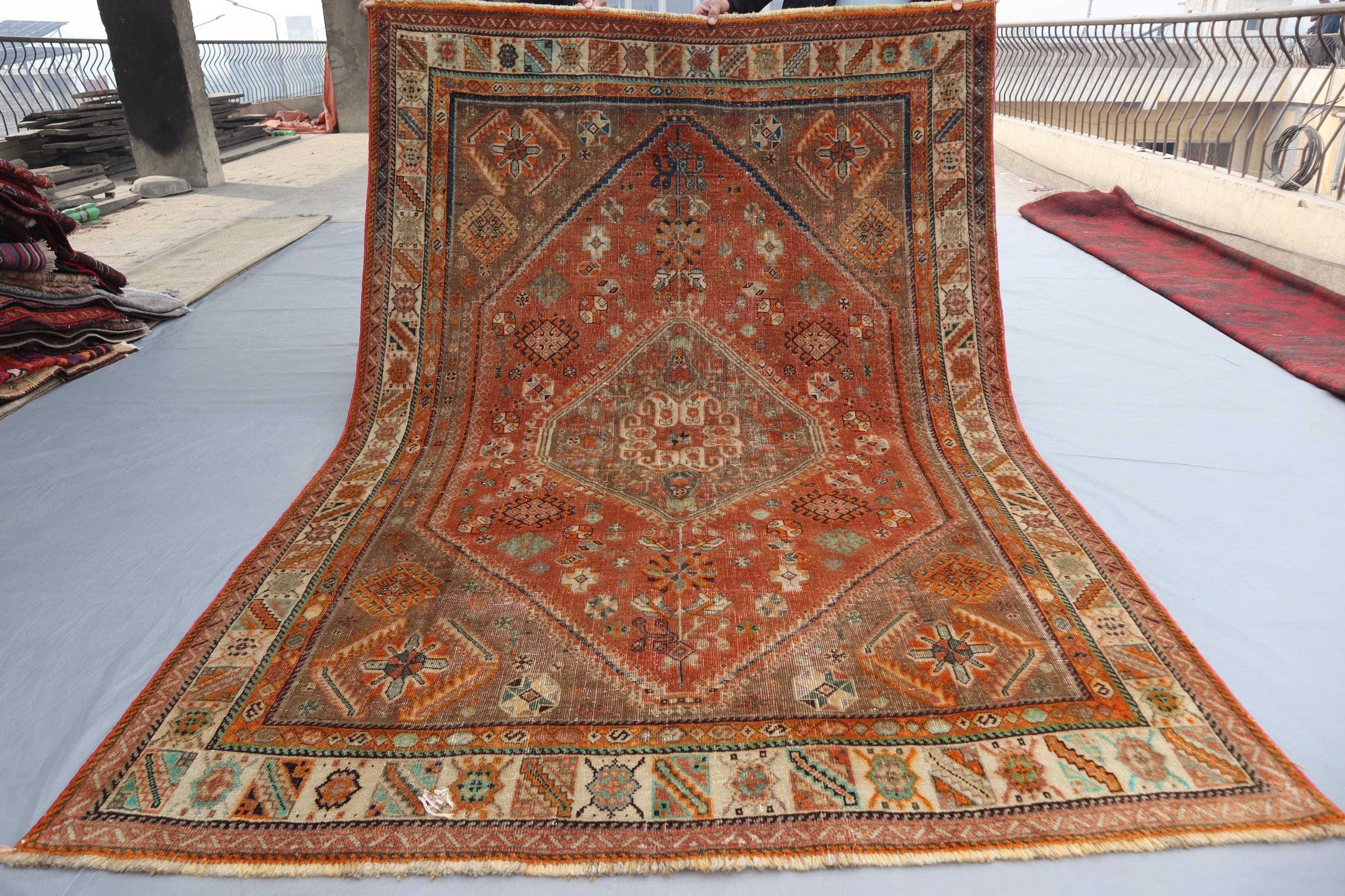 Antique Afghan Turkoman Tribal Wool Rug 5'2" x 7'9" | Terracotta Geometric Design | Rare Caucasian Style Turkish Rug, Bedroom Rug, Outdoor