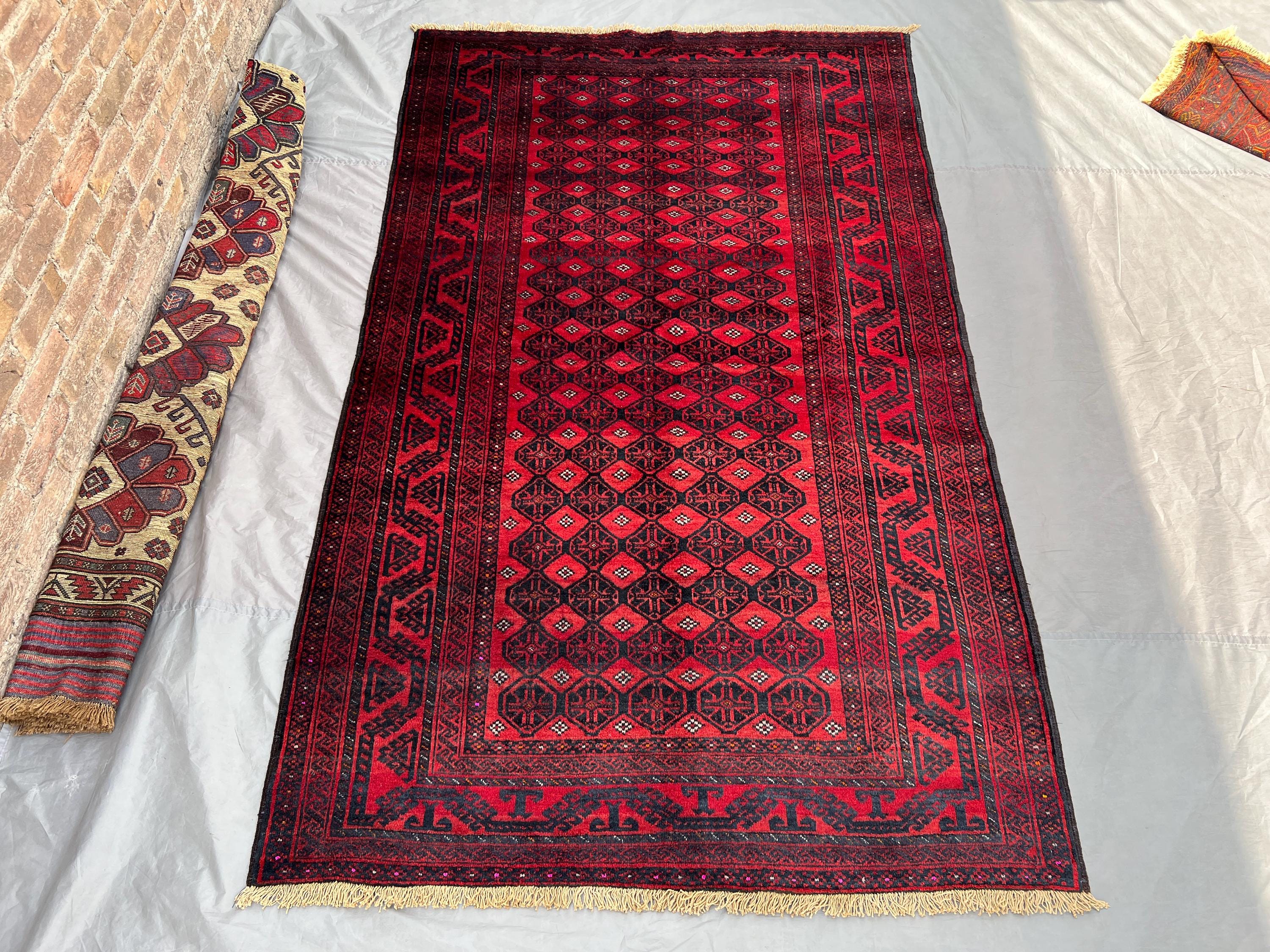 Antique Afghan Baluch Rug 5'1x8'7 ft | Hand Knotted Tribal Red Wool Area Rug | Nomadic Geometric Carpet | Vintage Oriental Floor Decor