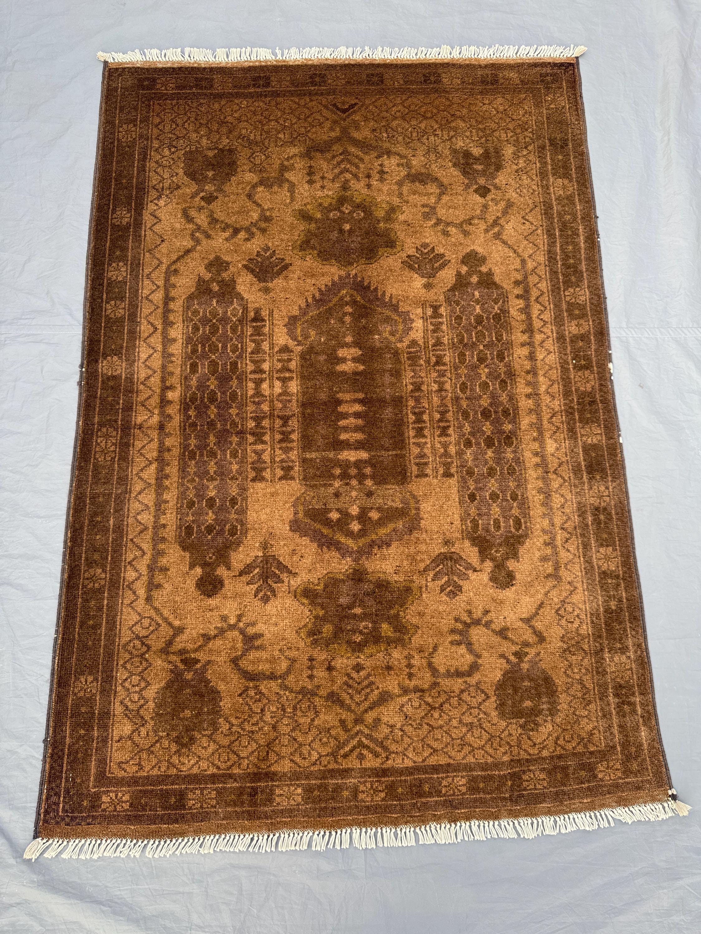 3 x 5 ft Afghan Hand Knotted Vintage Soft Pile One of a Kind Terracotta Color Faded Small Area Rug Turkoman Ersari Design