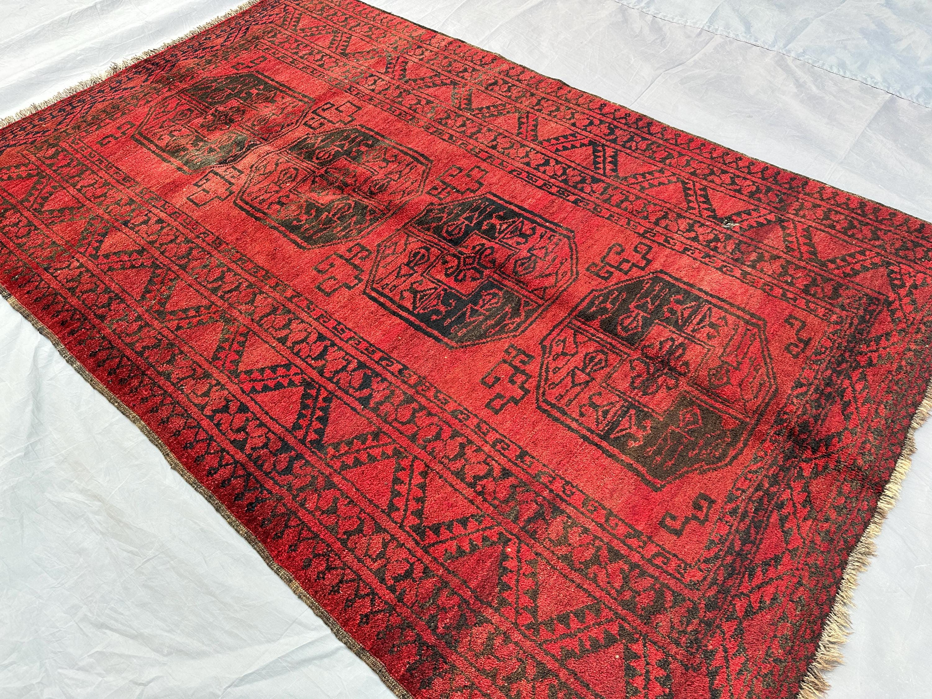 4x6 ft Antique Turkmen Bukhara Rug | Afghan Hand Knotted Wool Carpet | Red Tribal Geometric Area Rug | Kitchen Bedroom Decor | Wool Rug