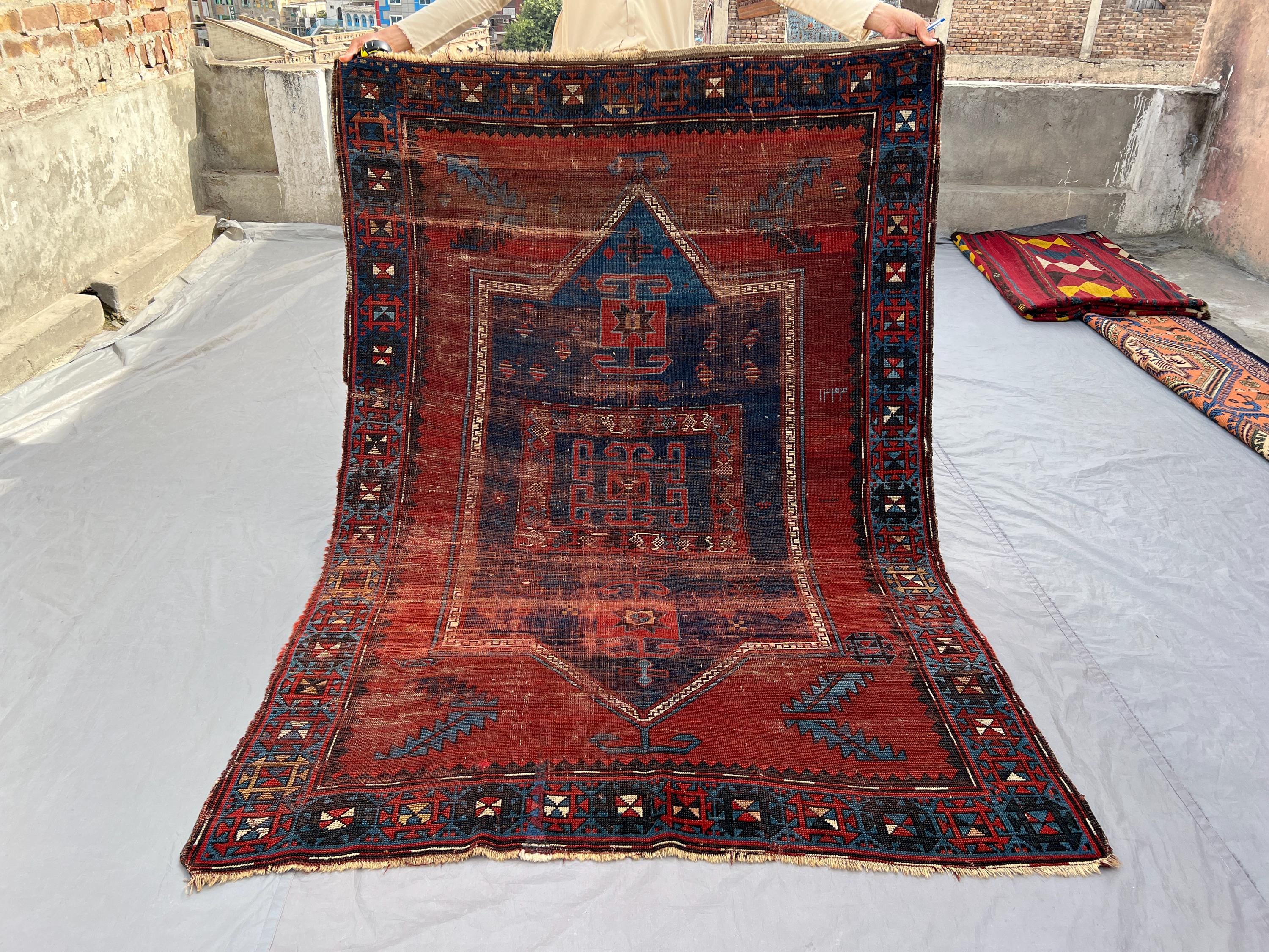 5x7 Antique Caucasian Medallion Rug, Low Pile Distressed Tribal Wool Carpet, Red Blue Geometric Vintage Area Rug Decor | Living Room Rug