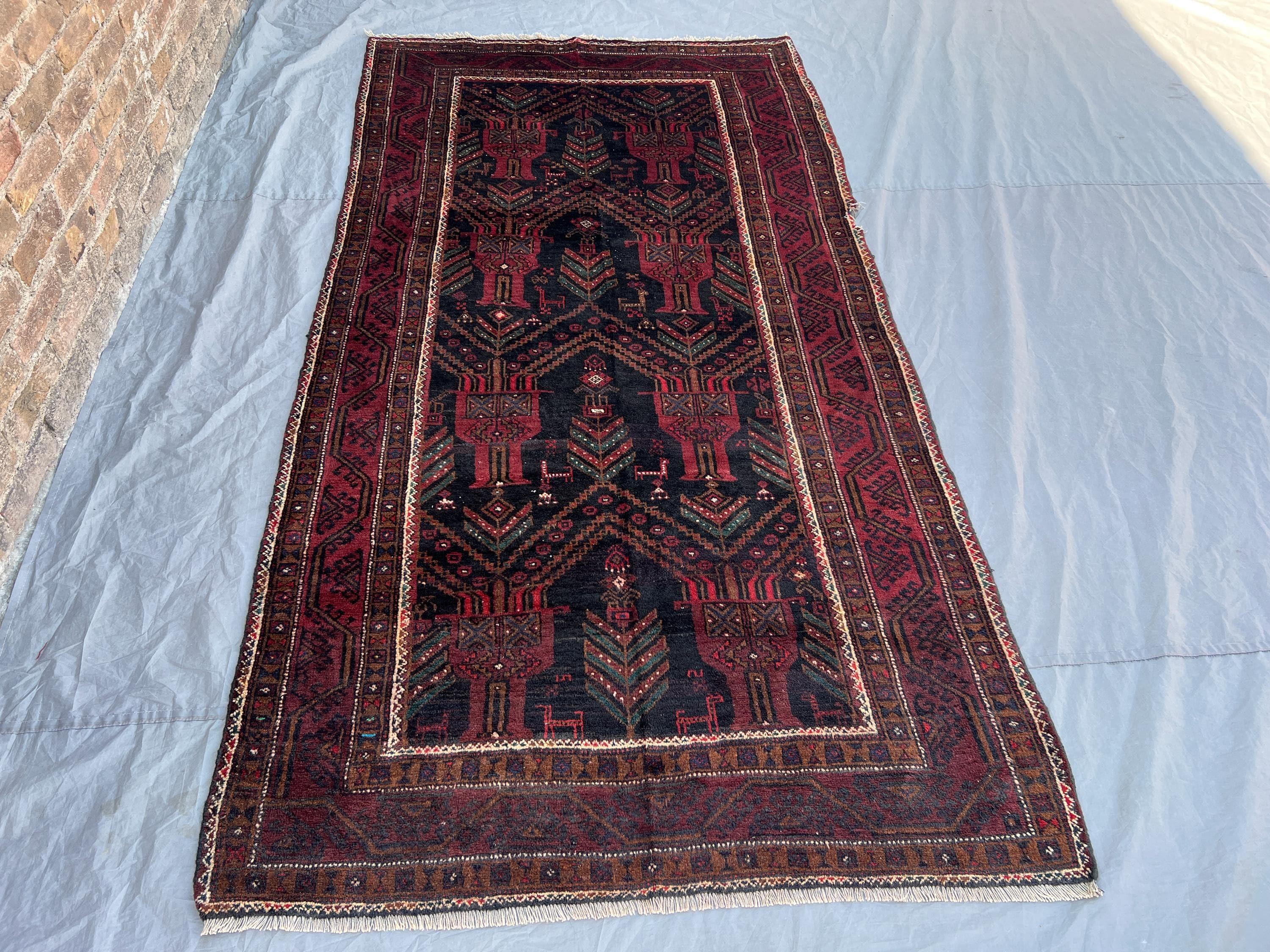 4x8'7 Vintage Afghan Hand Knotted Wool Rug Near Black Navy Red All Over Tree of Life Animal Tribal Geometric Boho Living Room Carpet