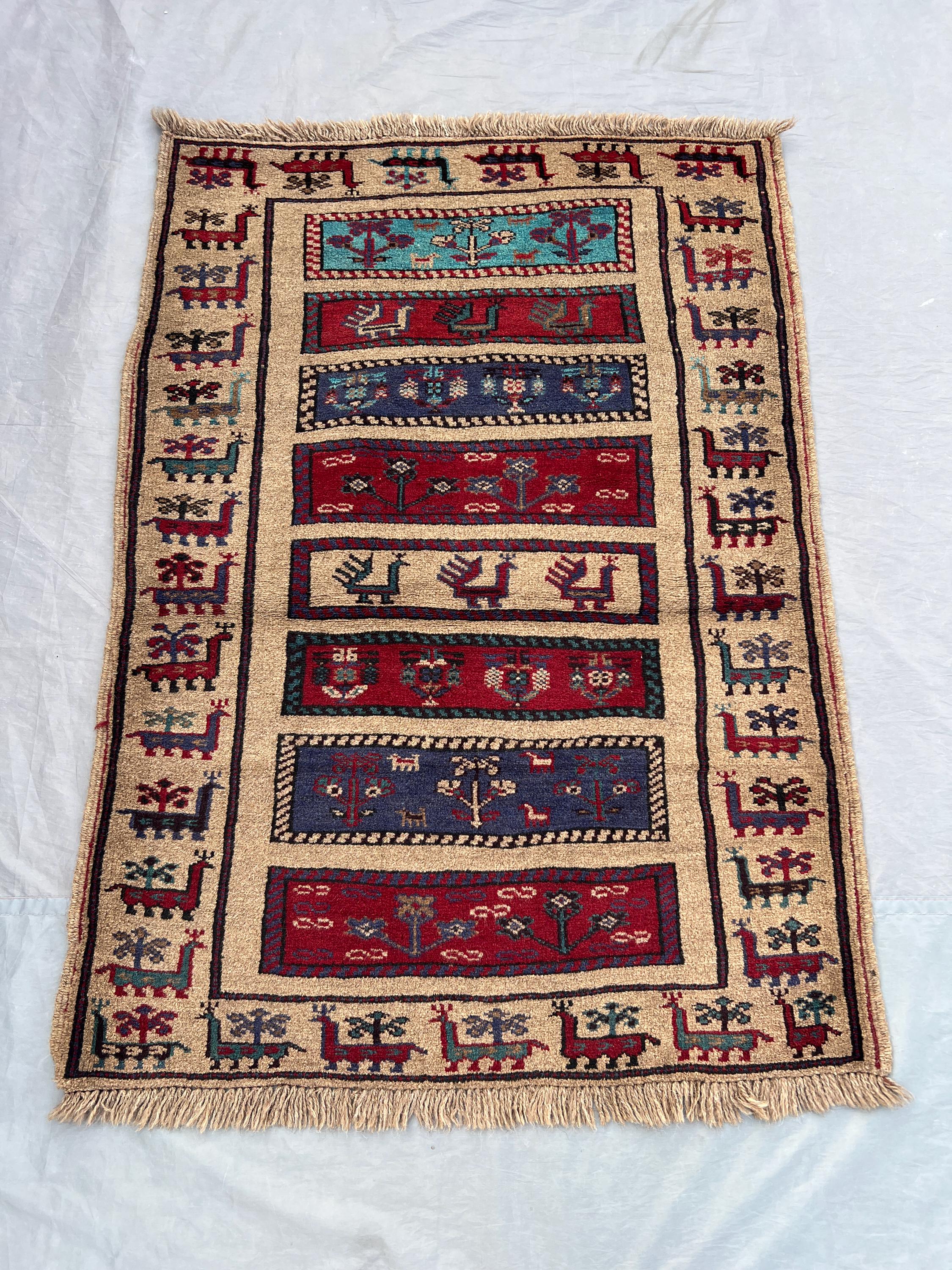 3x4 ft Afghan Hand Knotted Vintage Soft Pile Pictorial Animal Print Balochi Design Rug Unique Traditional Handmade Wool Rug Rare Collectible