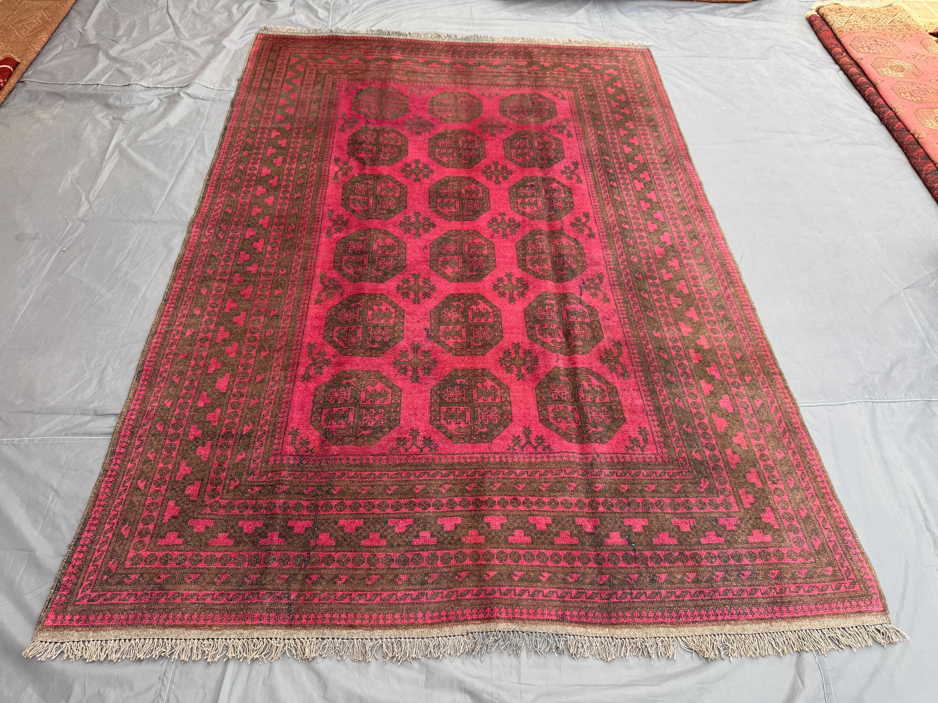 6'4" x 9'3" Vintage Afghan Turkoman Tribal Rug, Soft Wool Geometric Pattern, Rare Area Rug, Red Brown Nomadic 