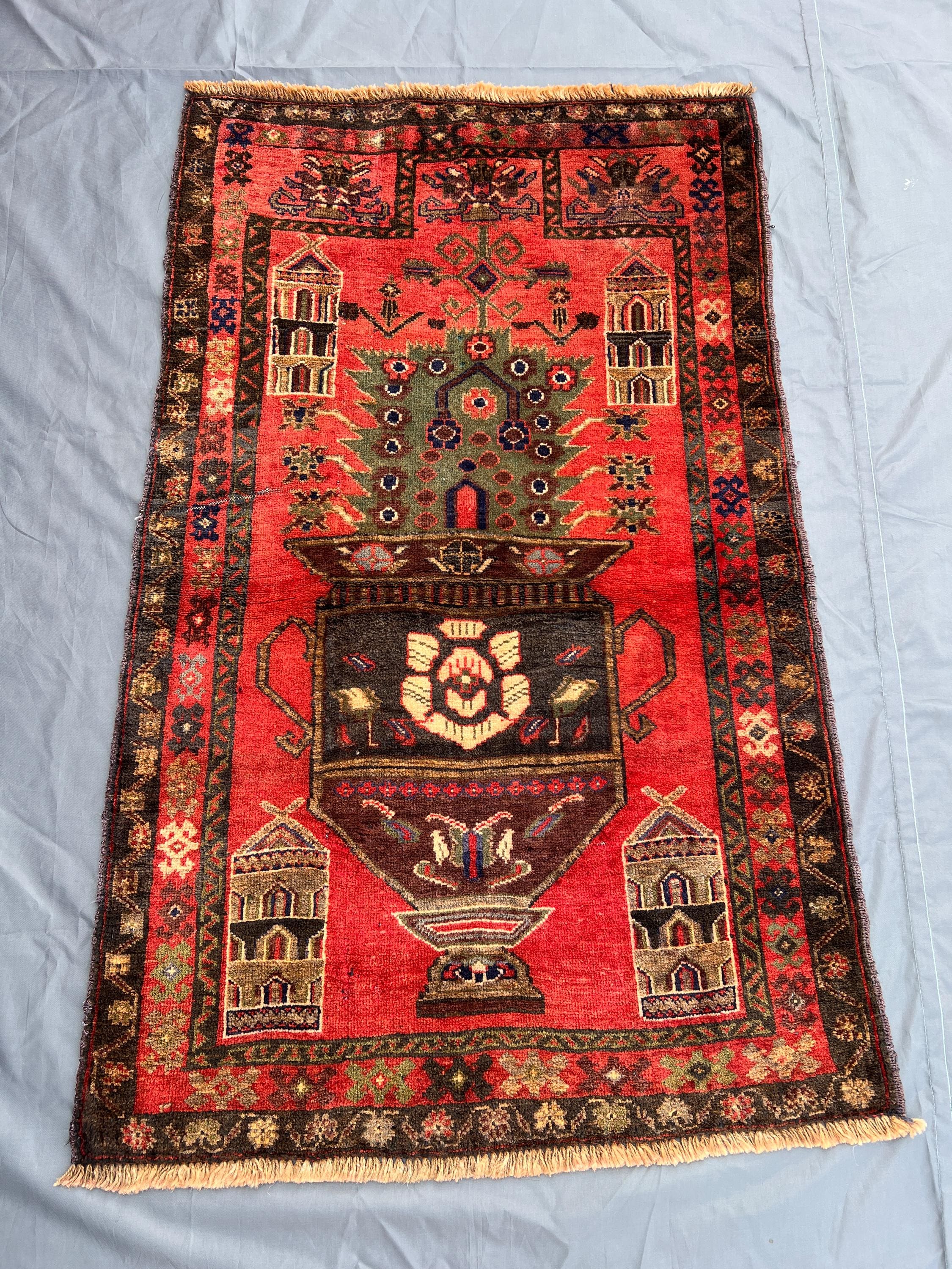 Antique Afghan Pictorial Rug 2'4x4'1 Ft | Hand Knotted Wool Rug | Floral Vase Design | Vintage Tribal Carpet |