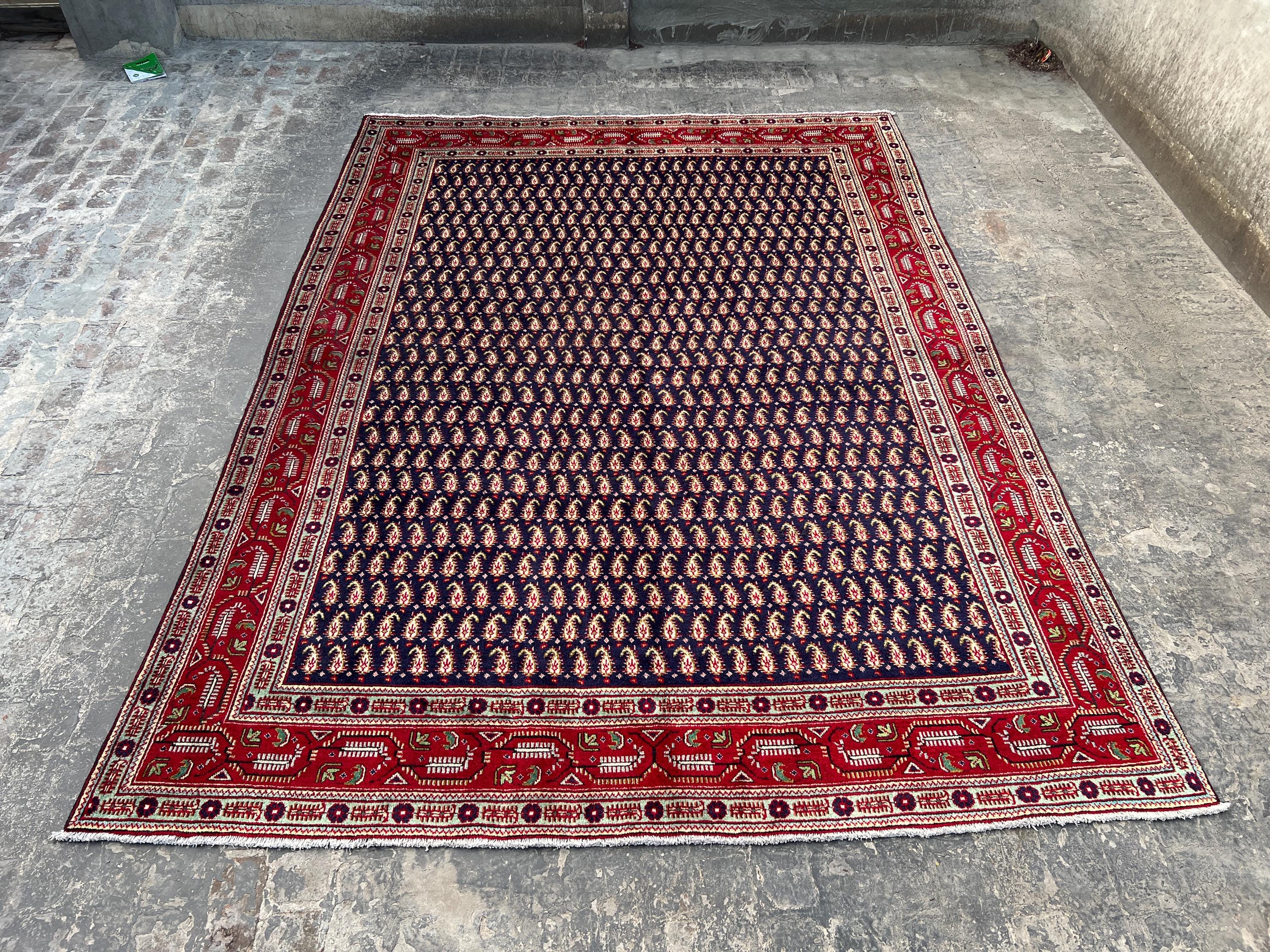 9x12 Navy Blue Vintage Turkish-Inspired Wool Rug | Caucasian Style Hand-Knotted Carpet | Antique Tribal Rug | Large Area Rug for Home Decor