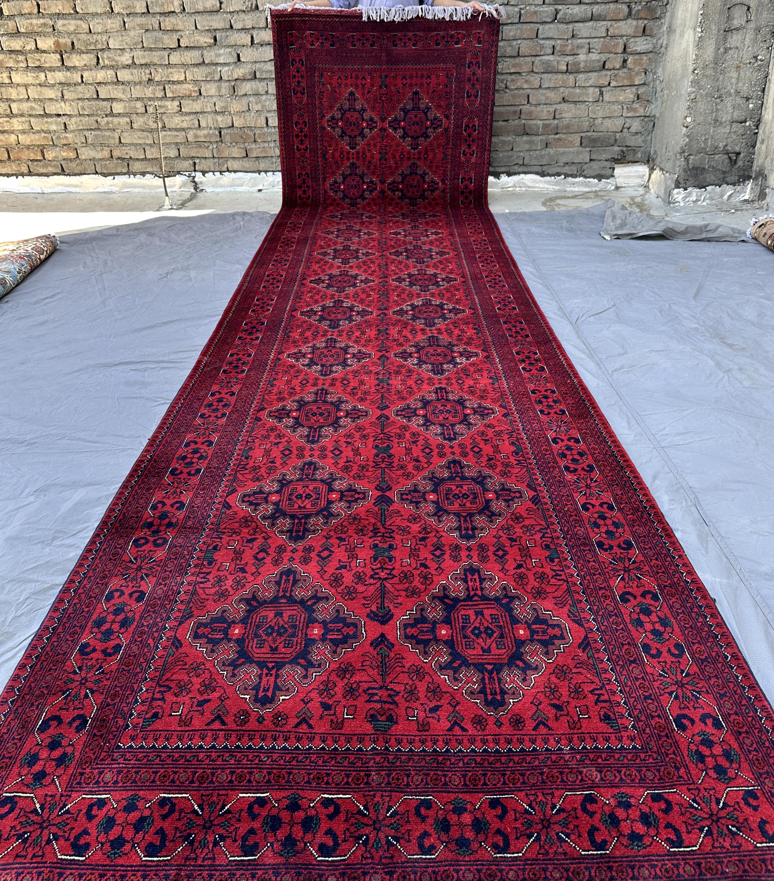 4x16 Large Hallway Runner Rug, Hand Knotted Red and Navy Blue Wool Carpet, Geometric High Quality Khal Mohamma