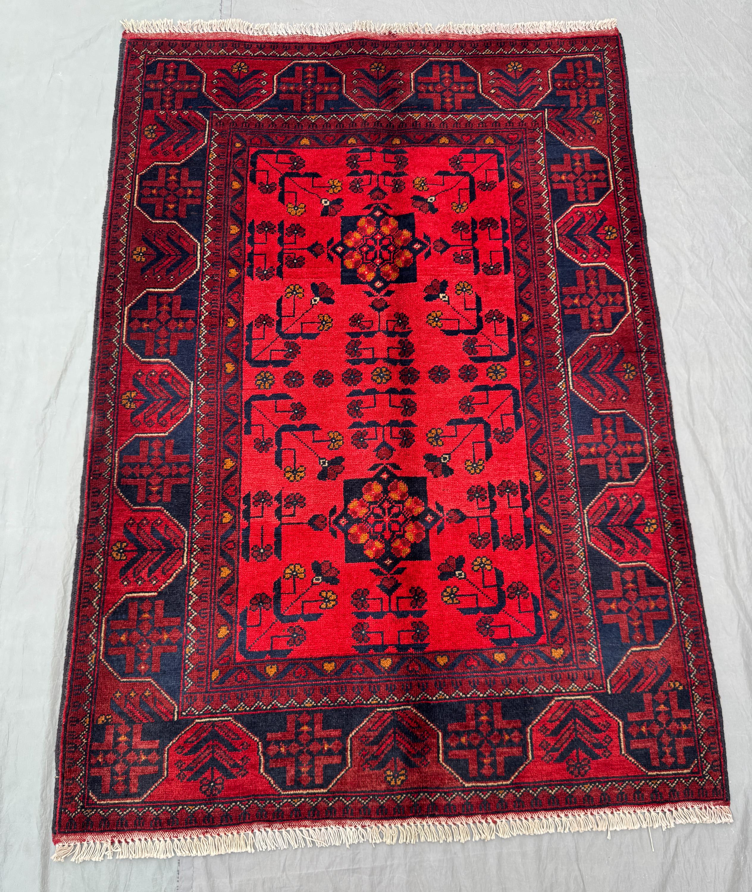 Afghan Hand Knotted Rug | Vintage 3.6 x 5 ft | Turkoman Ersari Design | Soft Wool Pile Small Area Rug | One-of-a-Kind | Living room decor
