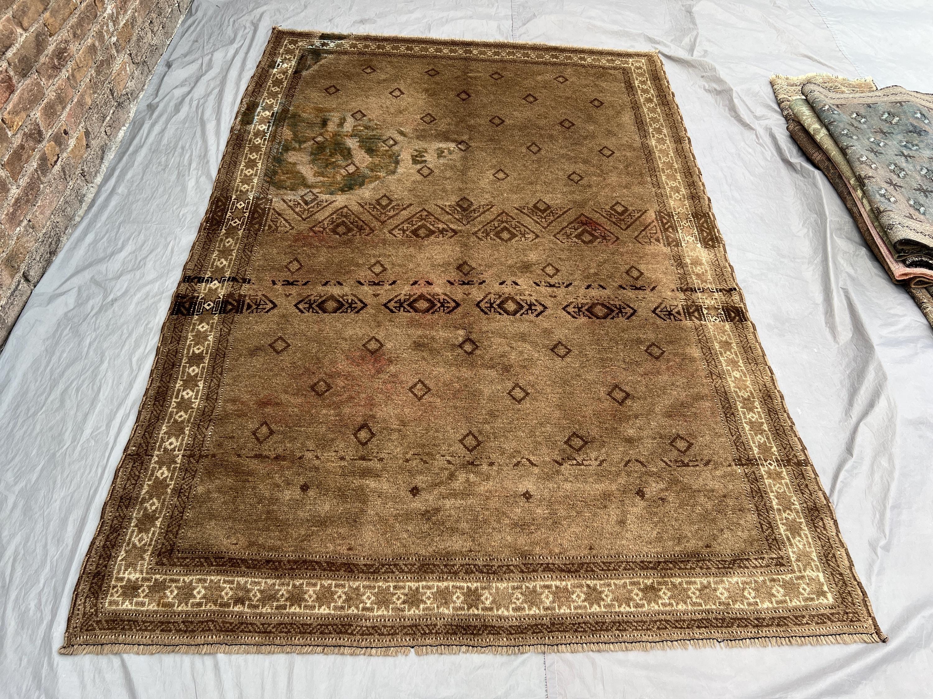 5'8" x 8'6" Antique Terracotta Faded Afghan Handmade Rug, Soft Wool, Tribal Geometric Design, Vintage Wool Carpet, Rare Bedroom Rug Decor