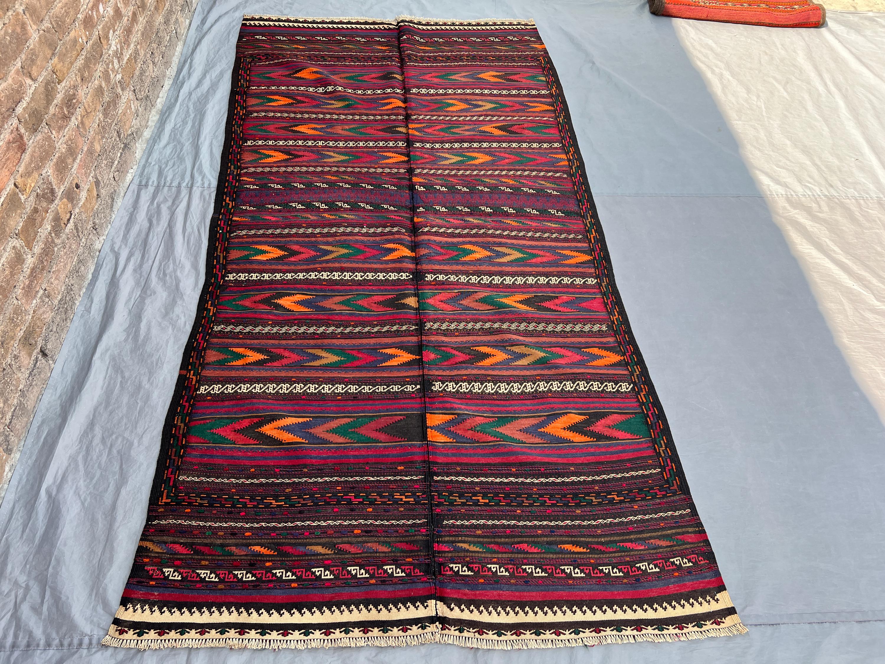 4'3"x8'7" Vintage Afghan Hand-Knotted Kilim Flatweave Rug – Bold Red & Multicolor Chevron Stripes, Wool, Tradi