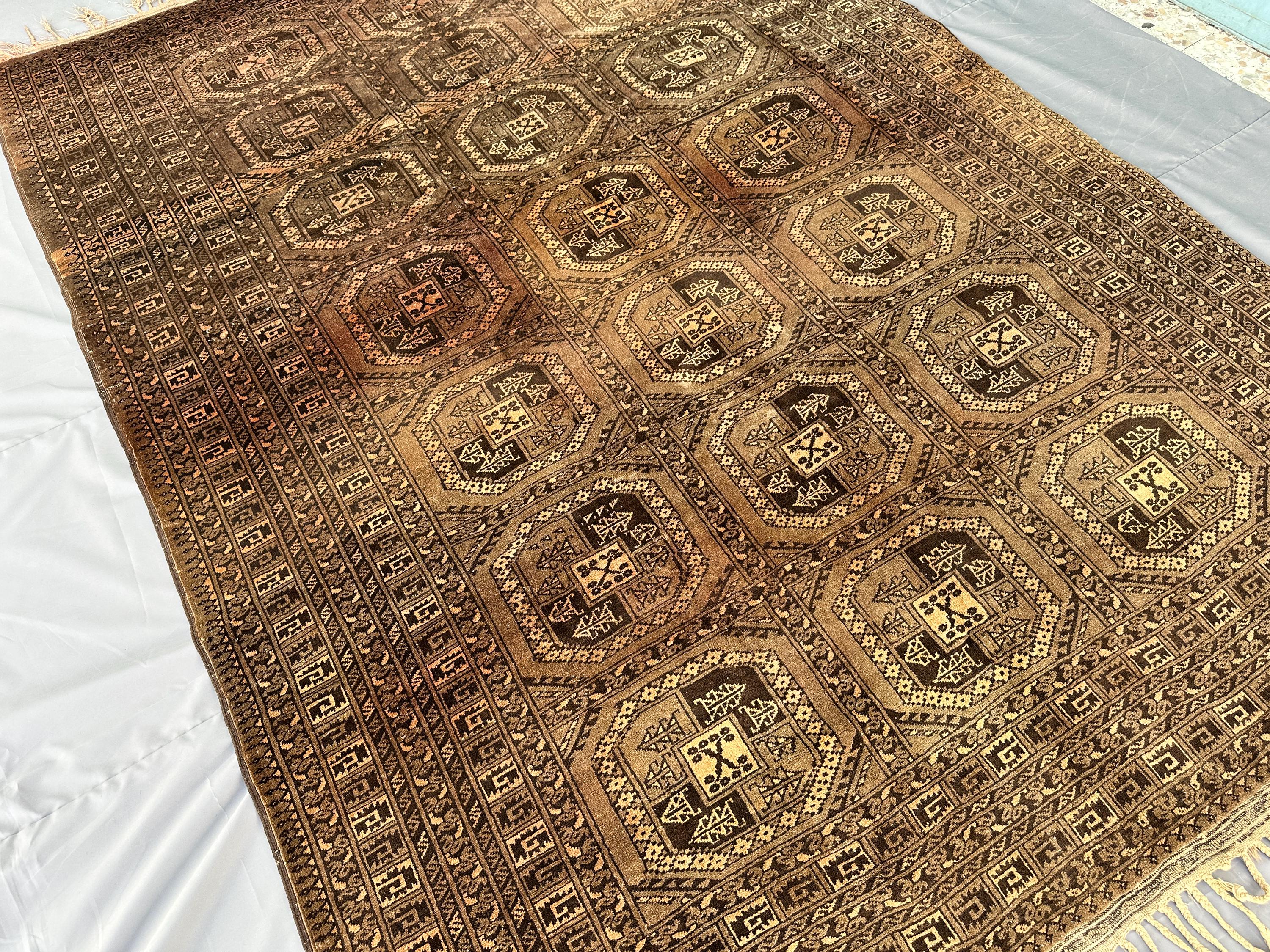 Dark Brown Afghan Ersari Rug 8x6, Antique Hand-Knotted Wool Carpet, Octagon Tribal Box Pattern, Vintage Living