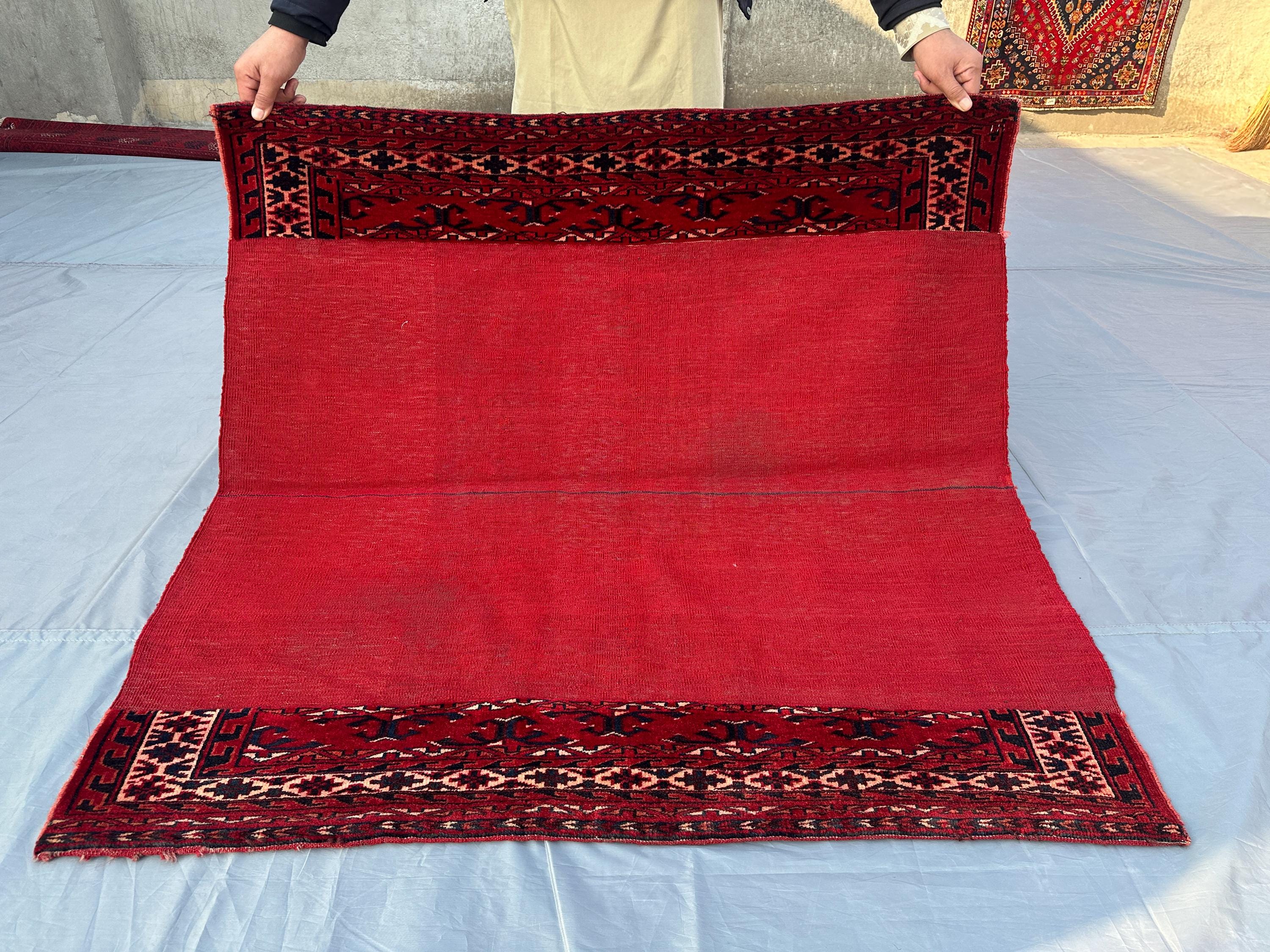 4x4 ft Vintage Turkmen Square Rug Afghan Tribal Handmade Kilim Rug Unique Red Accent Floor Decor, Turkish Styl
