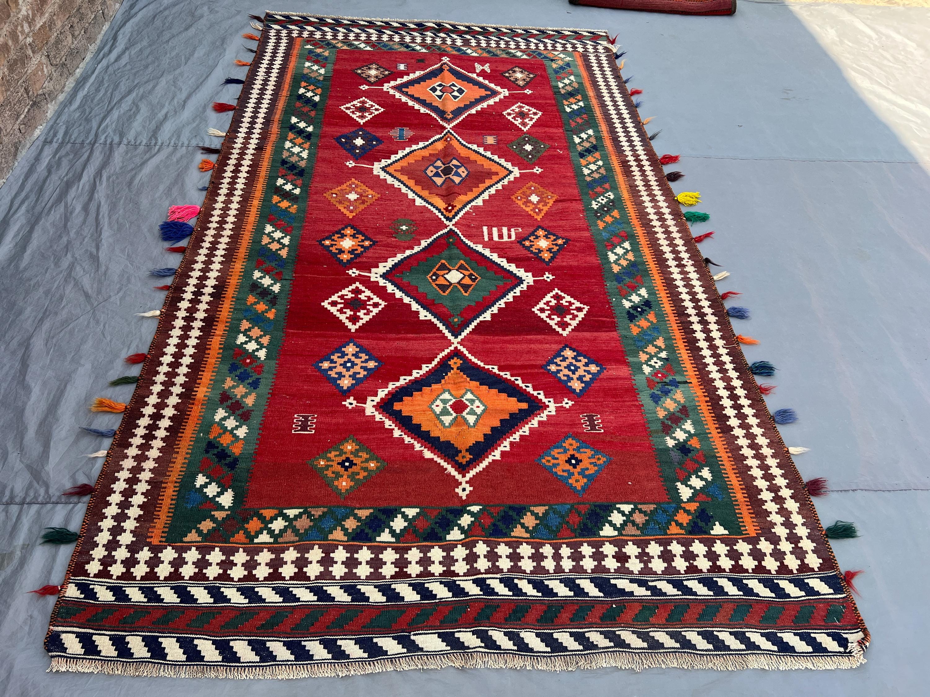 5'6x9'5 Antique Afghan Tribal Kilim Handwoven Wool Flatweave Diamond Medallion Deep Red Multicolor Area Rug | Living Room Dining Room Decor