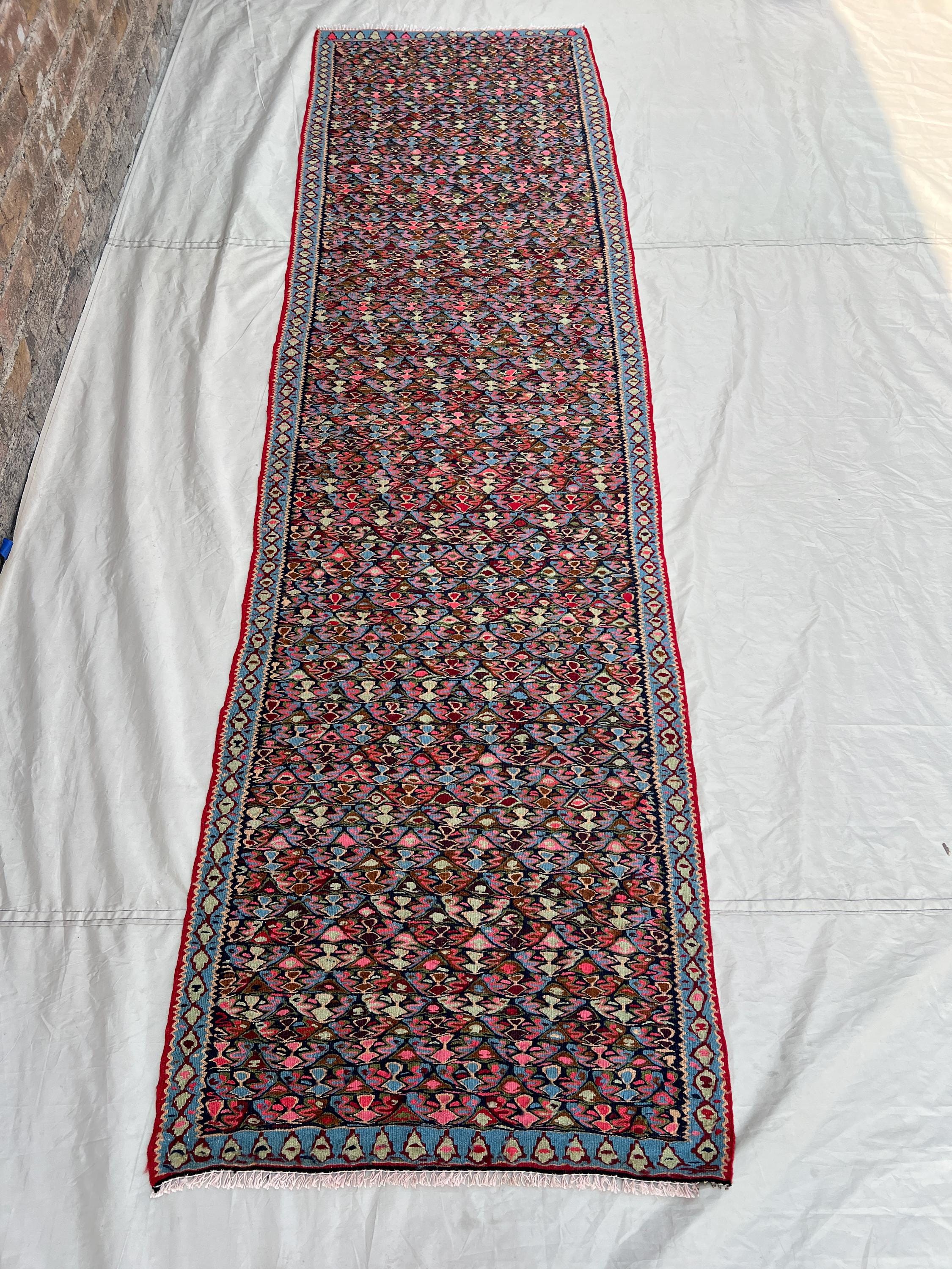 2'5"x8'10" Vintage Afghan Handwoven Kilim Flatweave Runner – Bold Red & Blue Geometric Design, Wool, Tradition