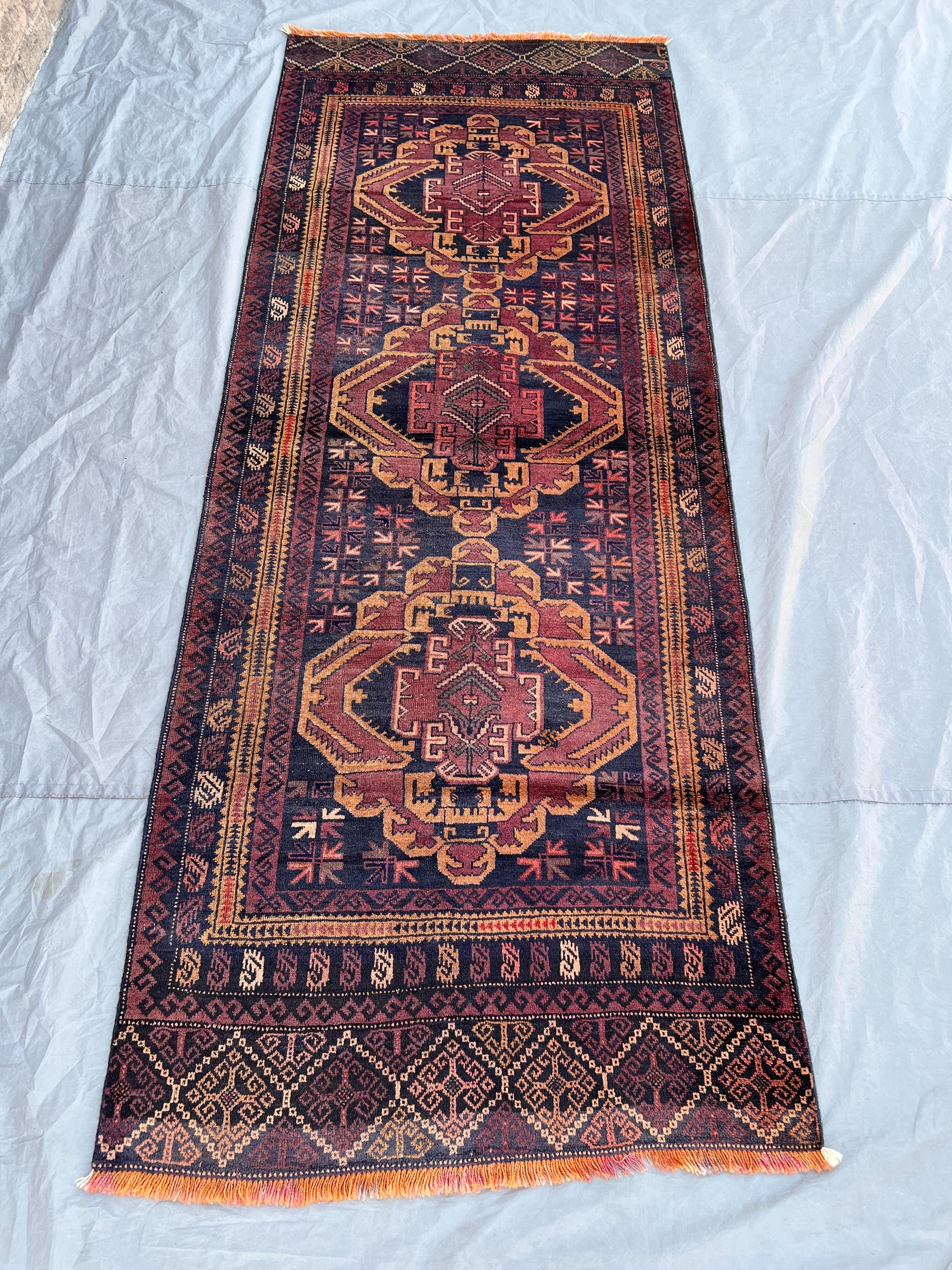 3.2x8.2 ft Vintage Afghan Rug, Handwoven Wool Pile, Geometric Design with Rich Reds and Blues, Handknotted, Ideal for Hallway, or Entryway