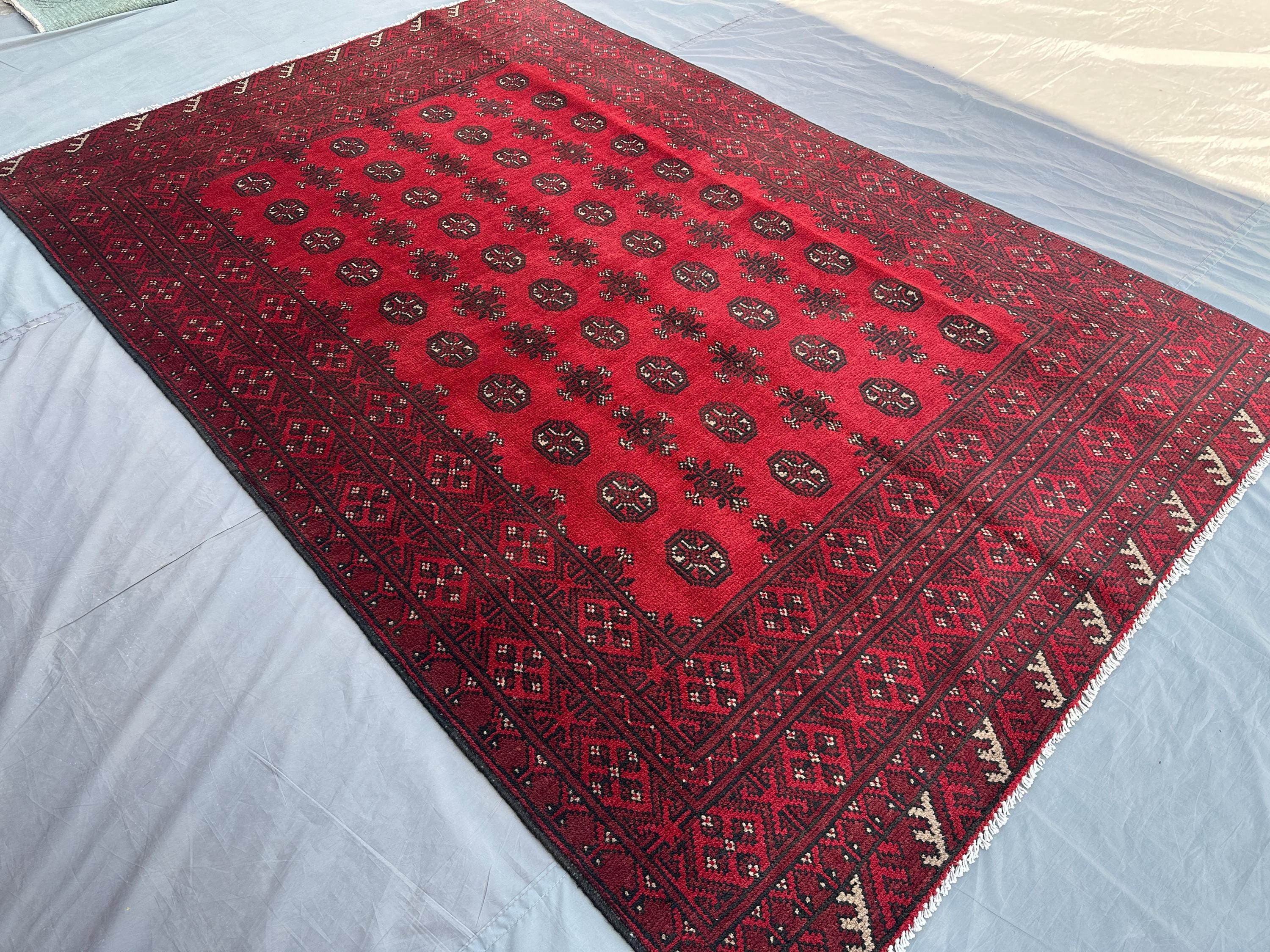 Vintage Afghan Red Rug 5x8 Hand-Knotted Turkmen Bukhara Carpet Tribal Wool Area Rug Traditional Nomadic Bohemi