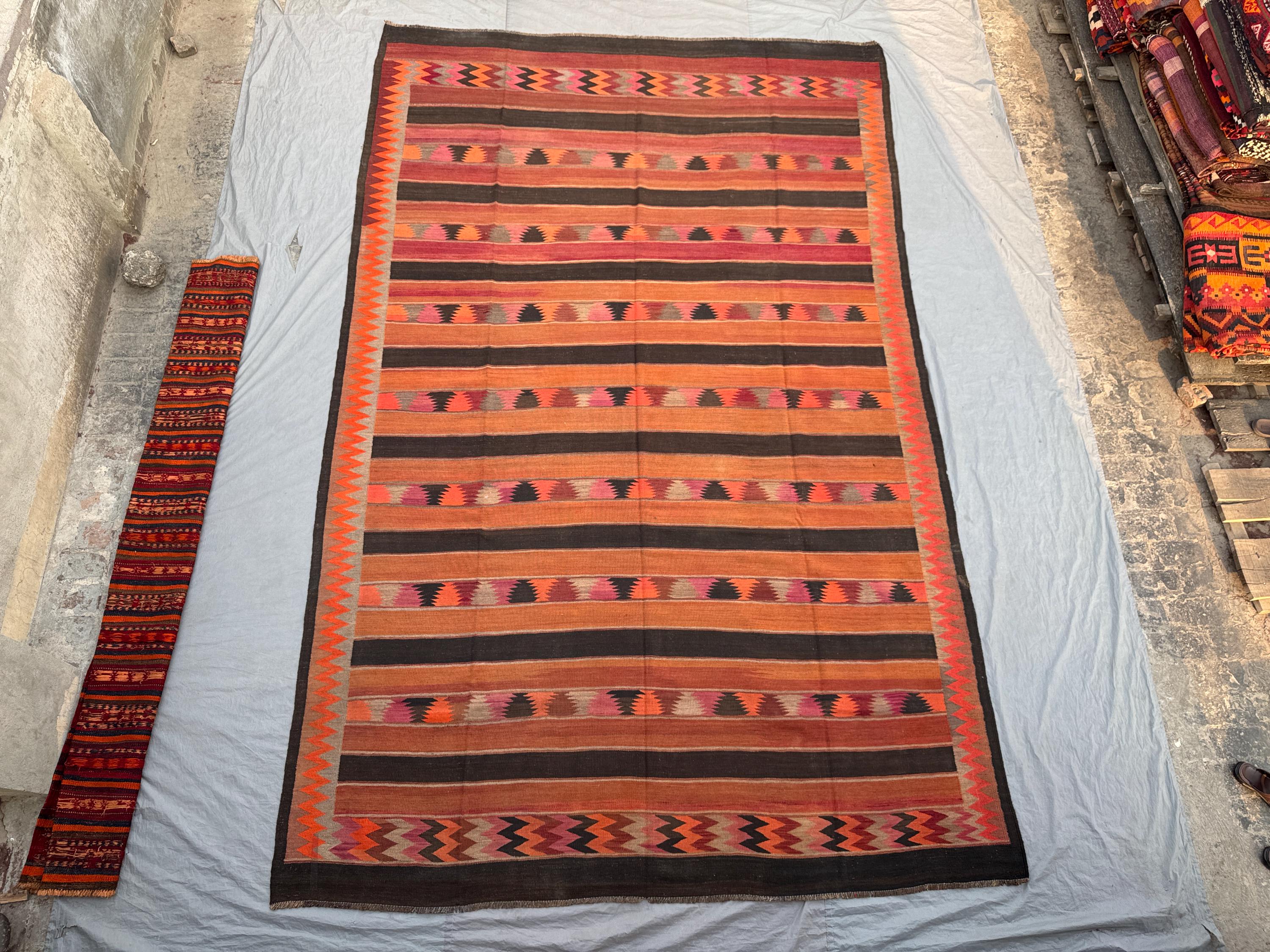 9'5 x 15'2 Ft Antique Afghan Baluchi Kilim Large Area Rug, Hand Knotted Wool Flat Weave Geometric Living Room Rug