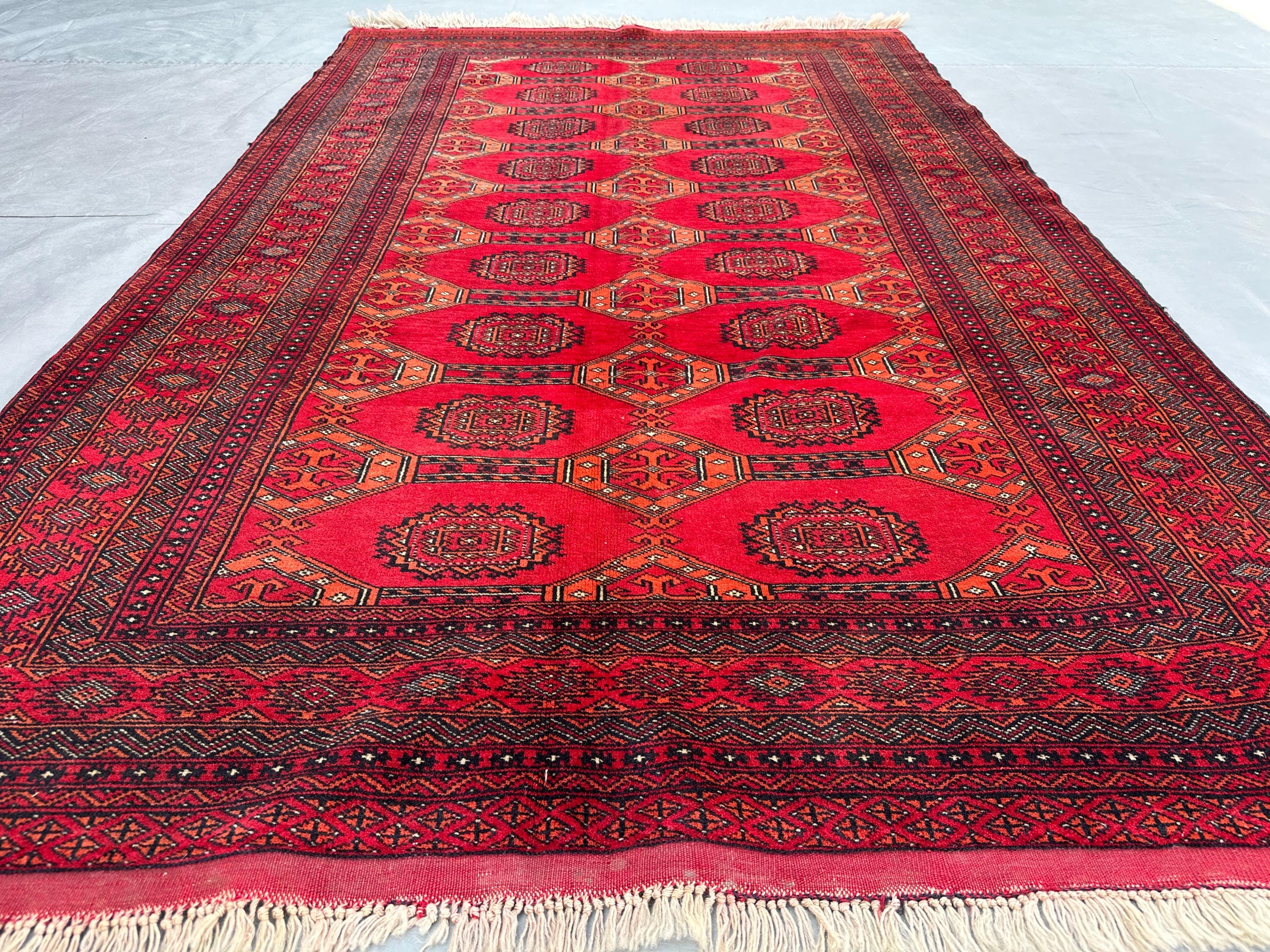 Antique 1960s Turkmen Tribal Rug 4'1x6'3 ft, Hand-Knotted Afghan Wool Rug | Red & Black Nomadic Carpet | Vintage Kitchen Decor, Boho Rug