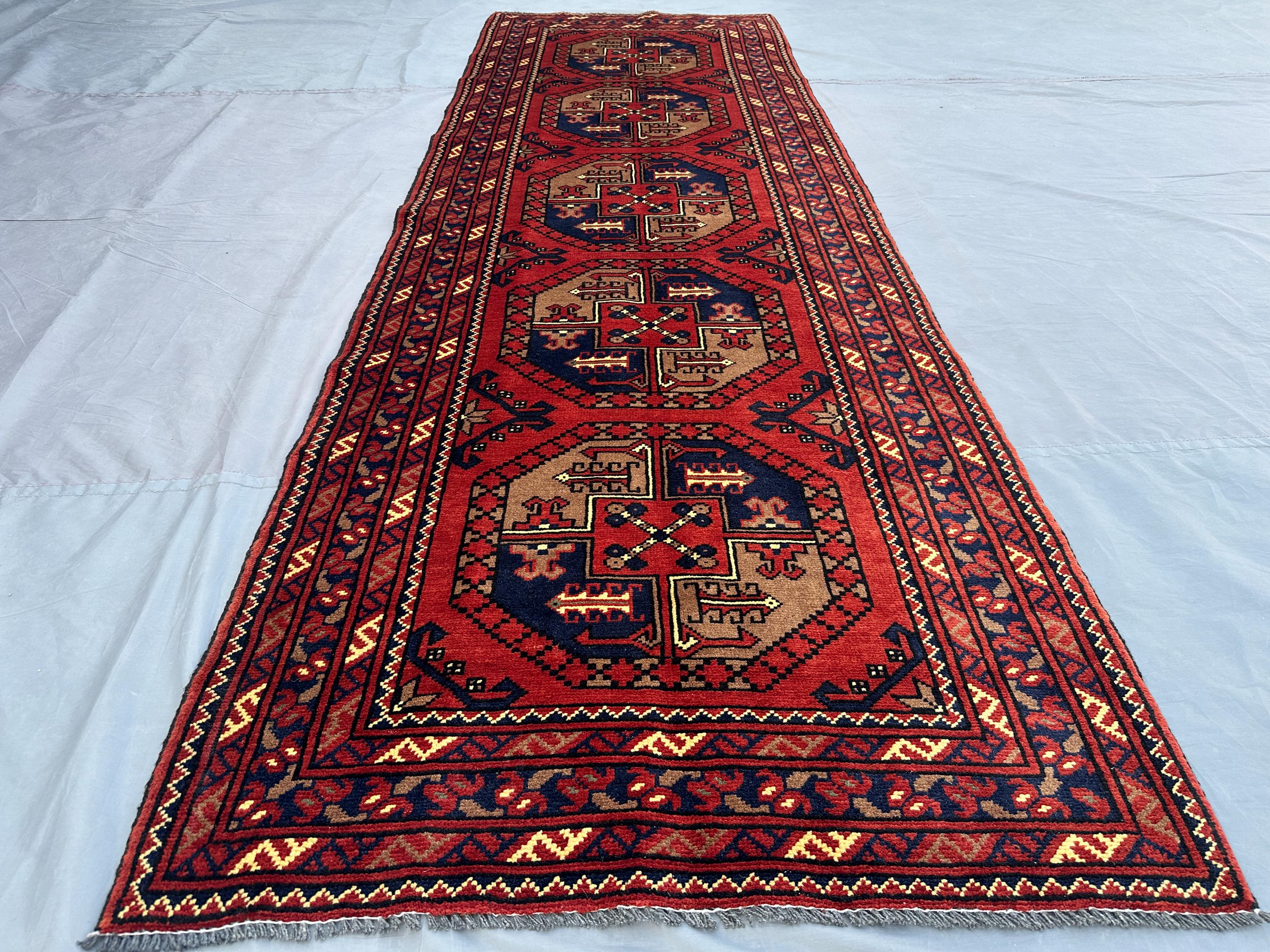 3x9 Afghan Turkmen Runner Rug, Hand-Knotted Bukhara Runner, Tribal Wool Hallway Rug, Elegant Handmade Carpet E