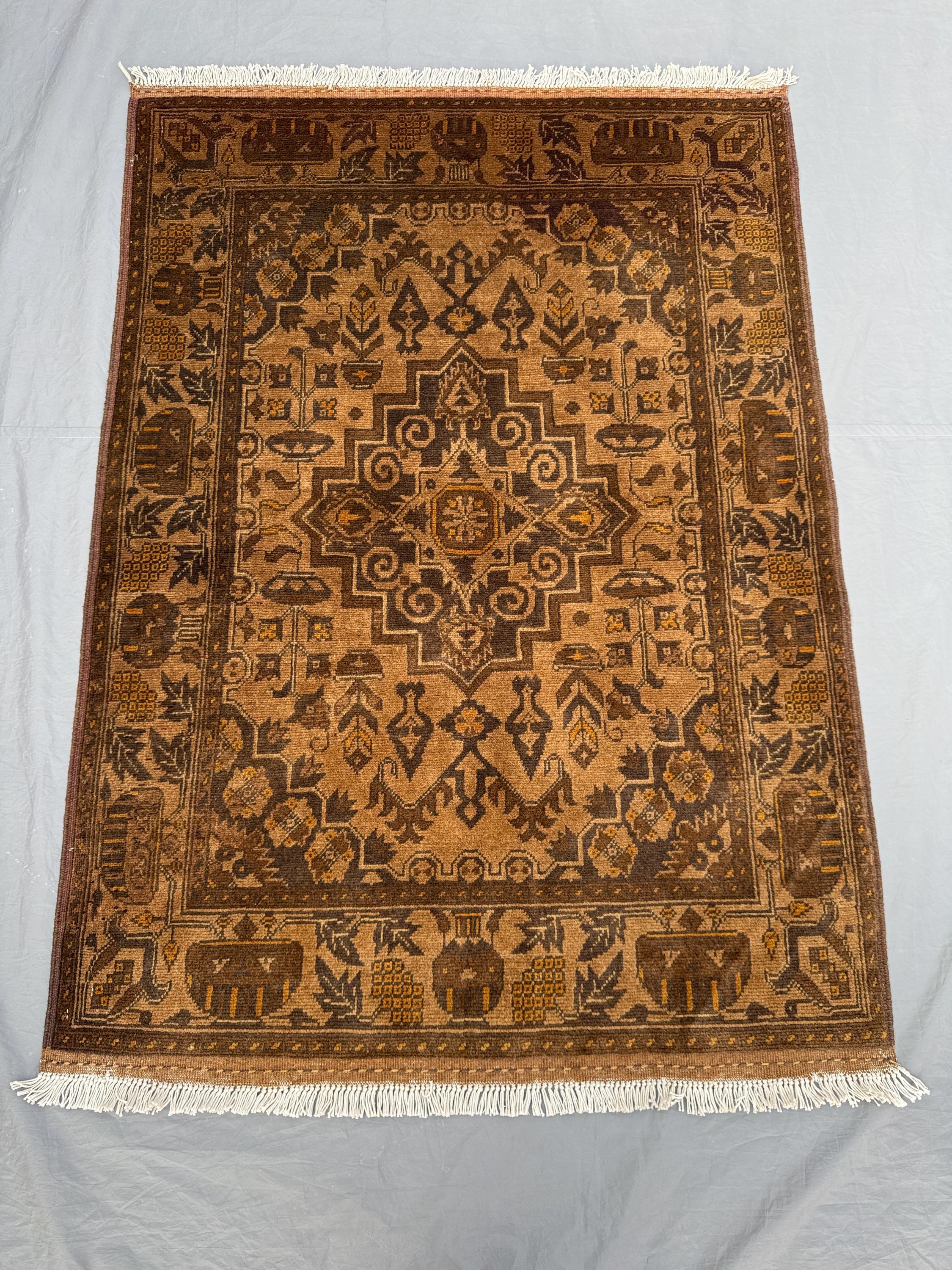 Vintage Afghan Hand Knotted Rug – 3 x 5 ft Terracotta Color Soft Pile One of a Kind Turkoman Ersari Design Handmade | Living room decor
