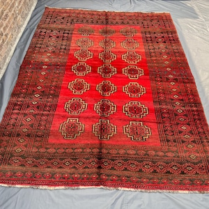 7x10 Antique Turkmen Rug | Faded Low Pile Wool Carpet | Geometric Tribal Design | Hand Knotted Vintage Oriental Area Rug | Living Room Rug