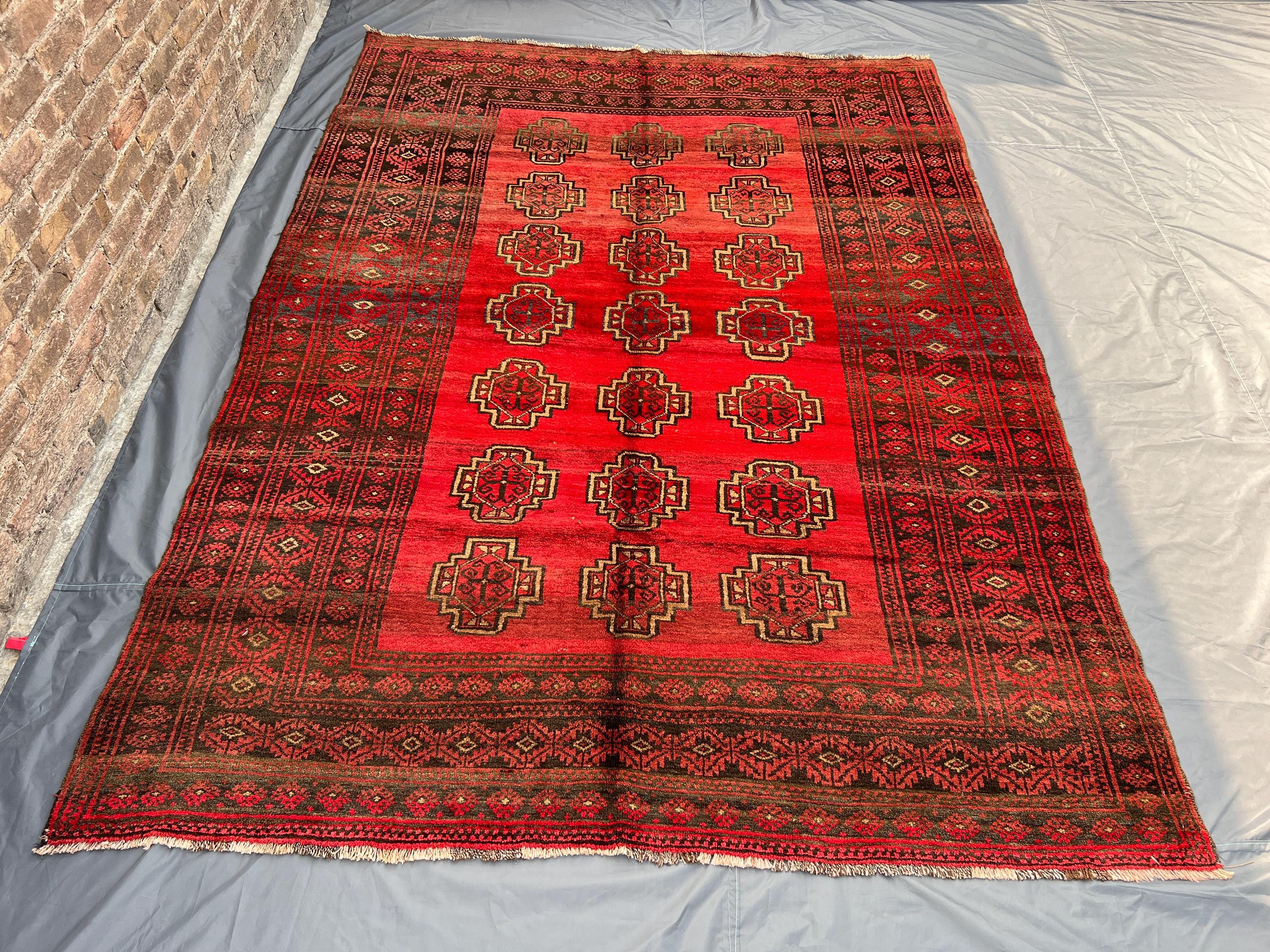 7x10 Antique Turkmen Rug | Faded Low Pile Wool Carpet | Geometric