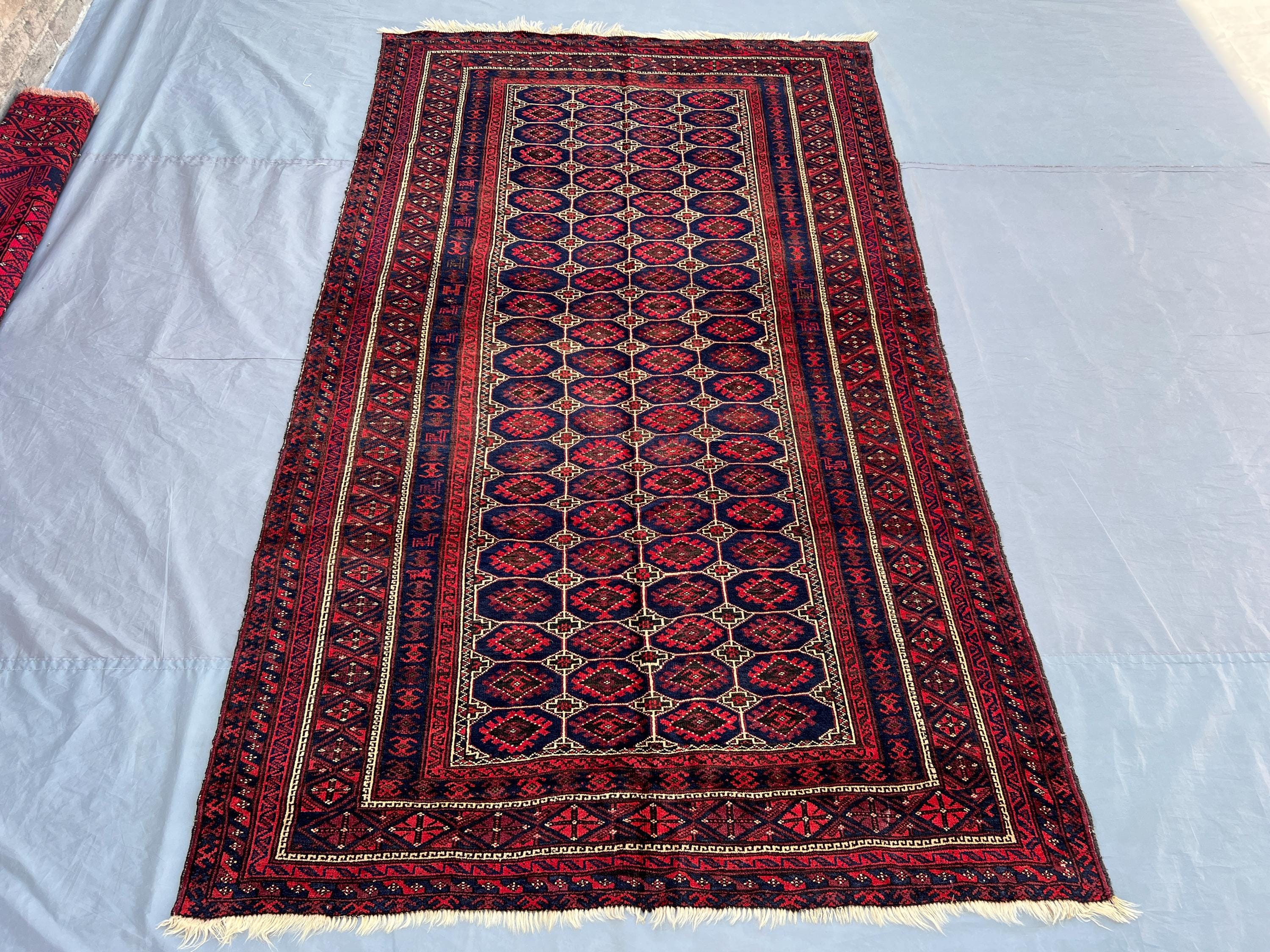 5x8 Antique Afghan Tribal Rug | Hand-Knotted Wool Carpet | Vintage Baluch Turkmen Design | Red Navy Geometric 