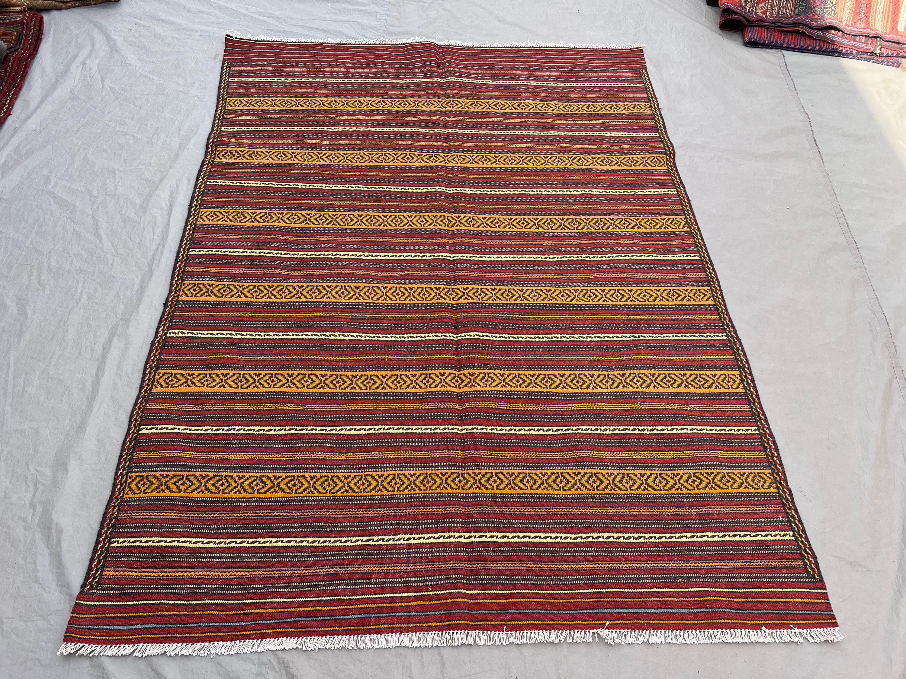 4'10x6'7 ft Vintage Afghan Hand-Knotted Kilim – Striped Design with Geometric Borders, Handmade, Boho Home Decor, Cozy Living Room