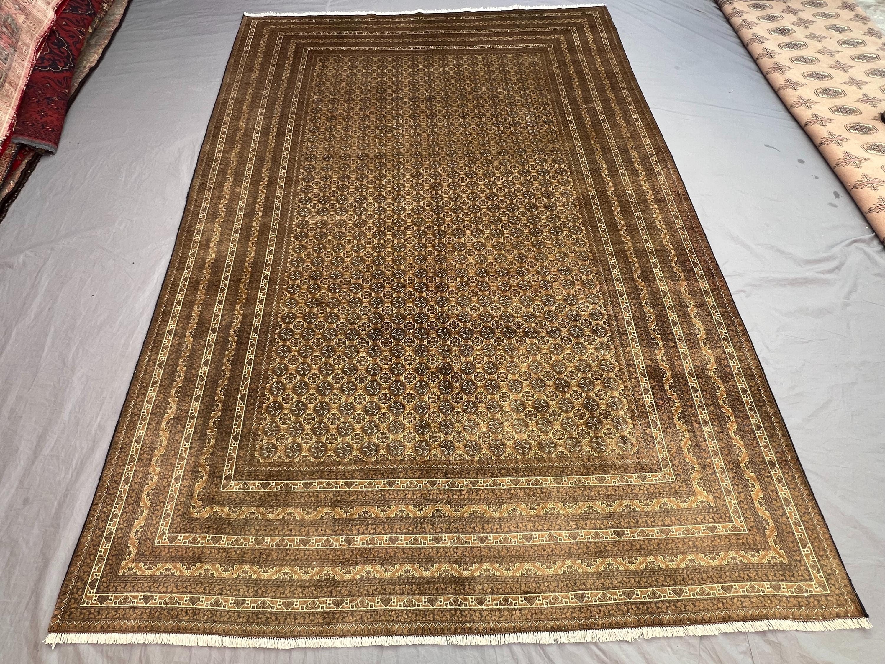 Antique Afghan Rug, Handwoven, Traditional Design, Brown & Gold, 6'6" x 9'6" (198 x 292 cm), Wool Area Rug, Vi