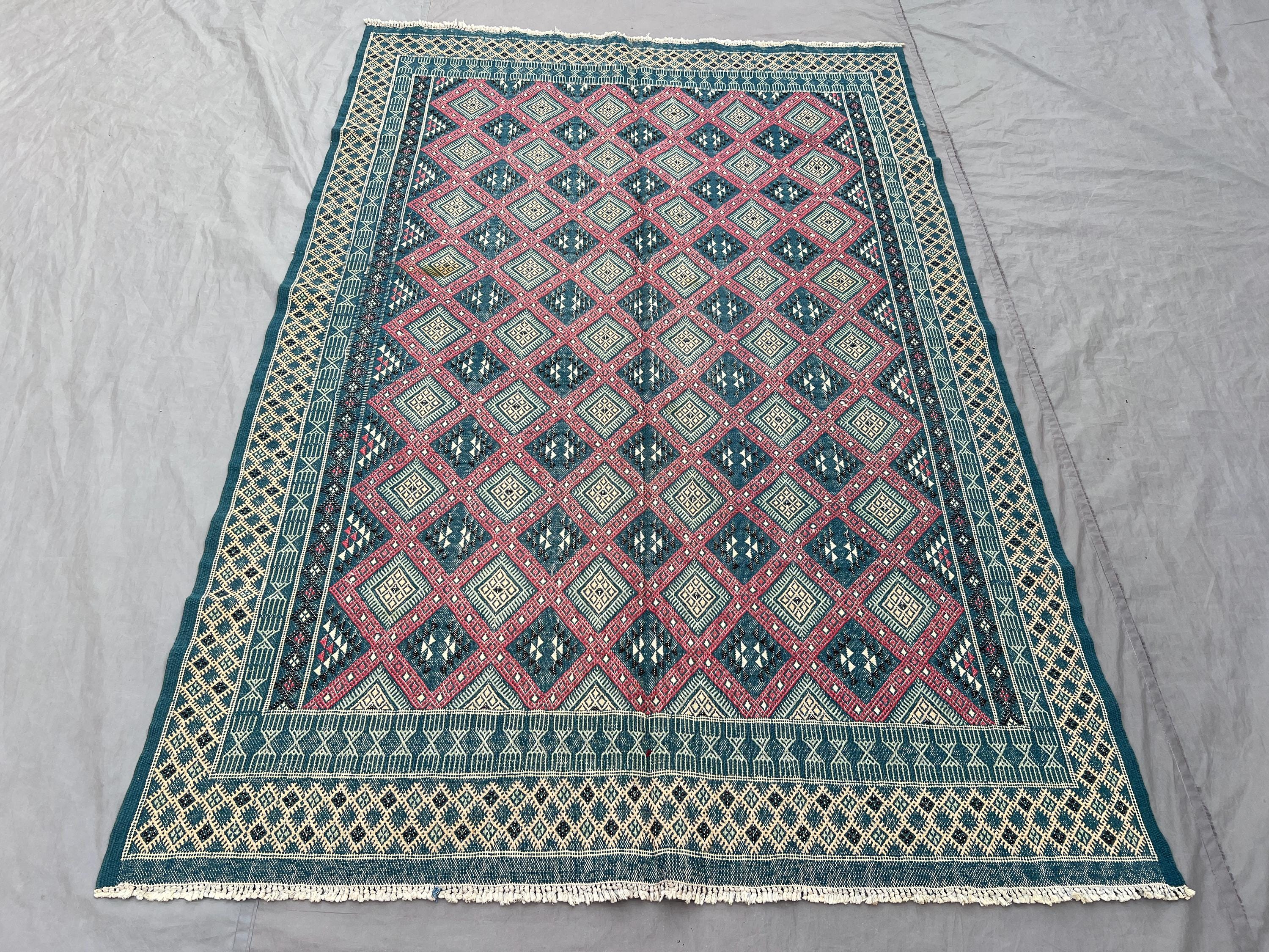 Afghan 5 x 8 ft Hand Woven Vintage Kilim One-of-a-Kind Large Area Sumak Weave Tribal Geometric Blue Red Rug