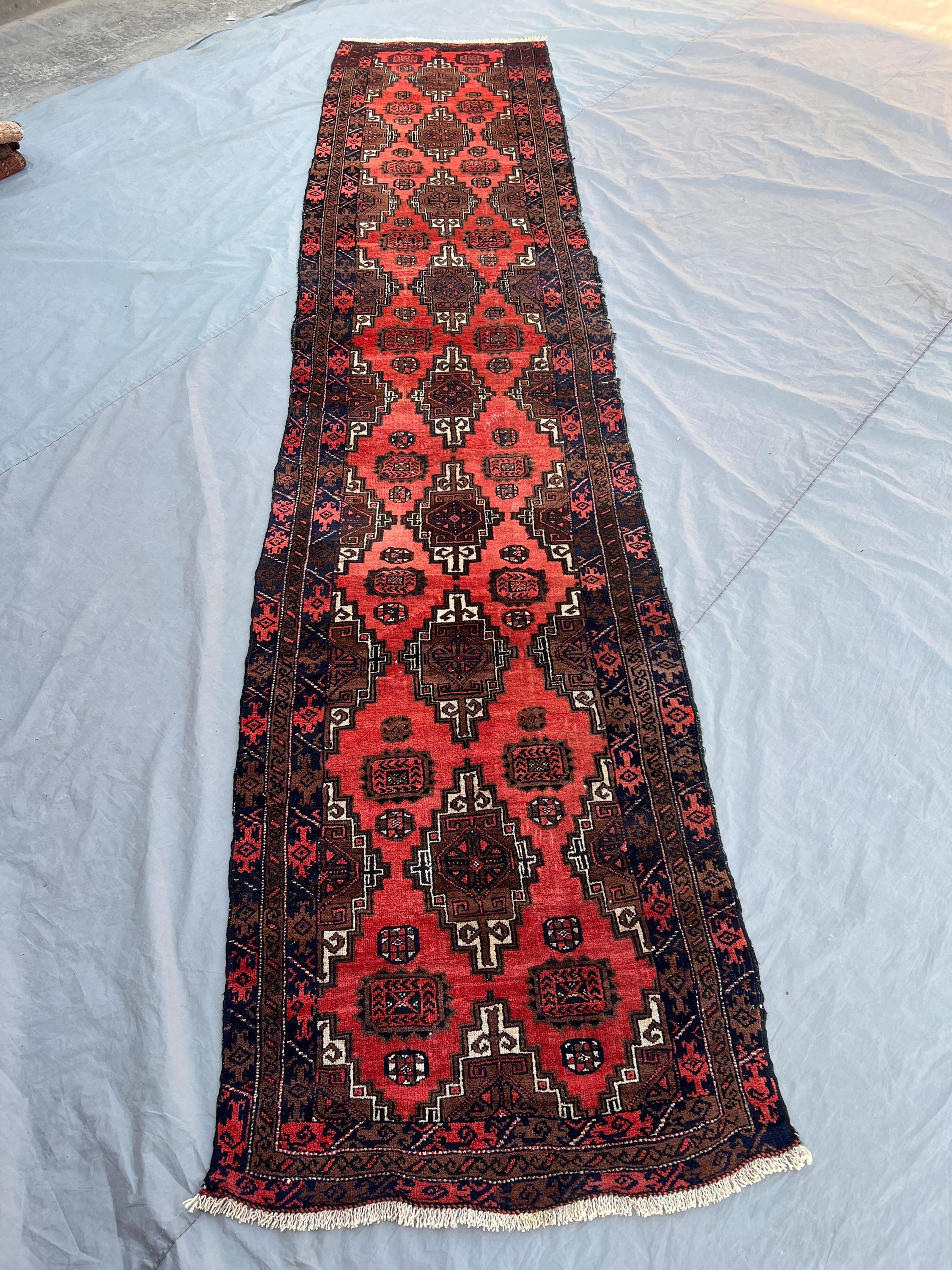 2'8x12'5 Vintage Afghan Hand Knotted Wool Runner Bold Red Navy All Over Diamond Geometric Tribal Boho Hallway Staircase Long Carpet