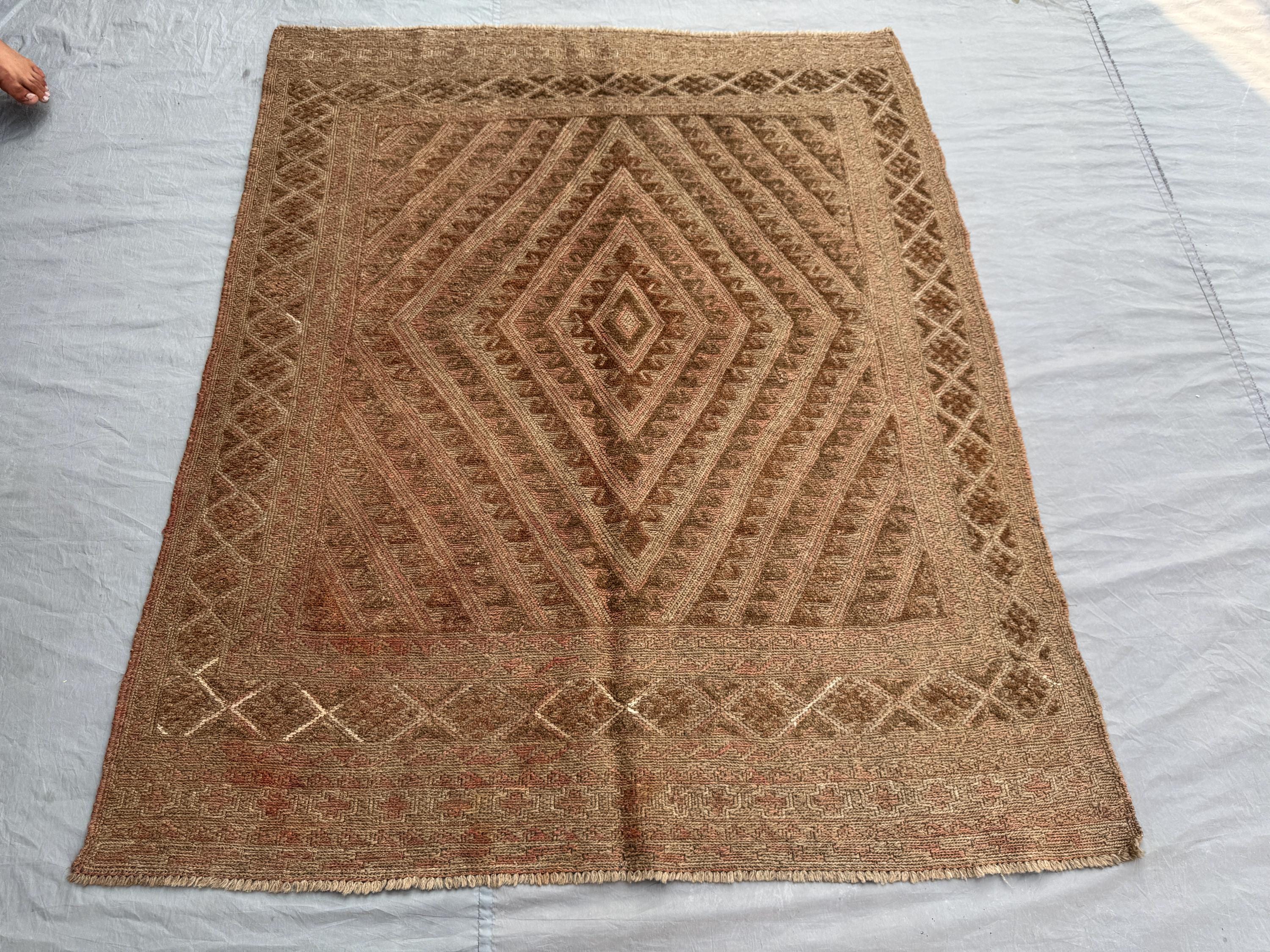 4'10 x 5'10 ft Afghan Hand-Woven Vintage Rare Flat-Weave Kilim Rug Sumak Terracotta Color Faded Balochi Design | Bedroom Decor rug