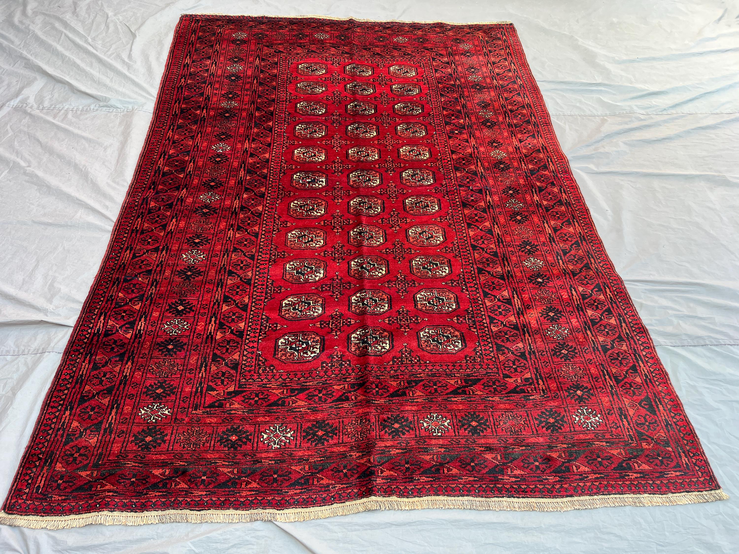 6'10x9'6 Ft Antique Afghan Turkoman Wool Pile Rug Hand-Knotted All-Over Elephant Foot Gul Deep Red Black Large Area Rug | Living Room Dining