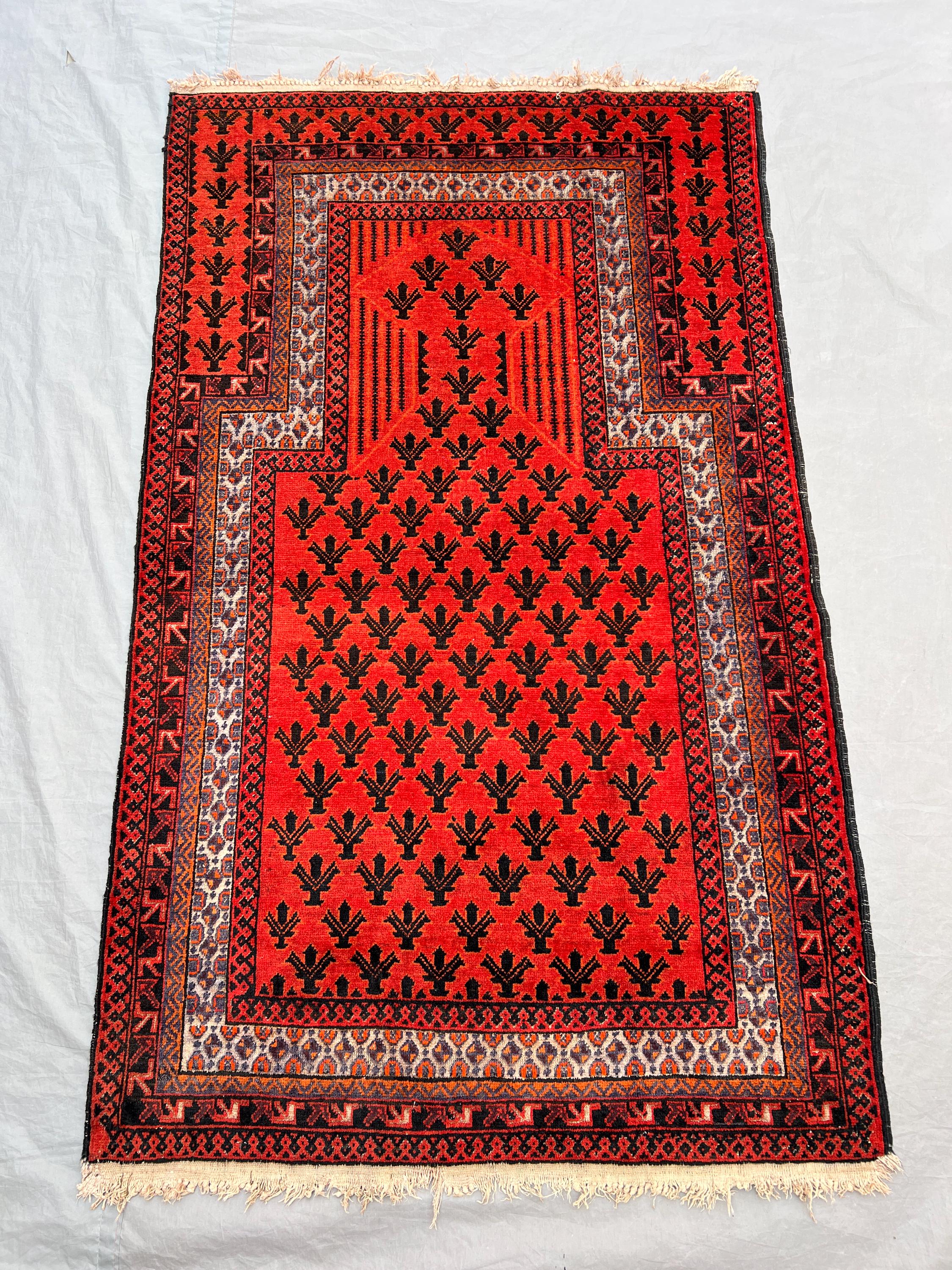 2'11x4'9 ft Vintage Afghan Hand-Knotted Prayer Rug – Red Geometric Design, Tribal Motifs, Handmade, Cozy Home Decor, Boho Accent Rug