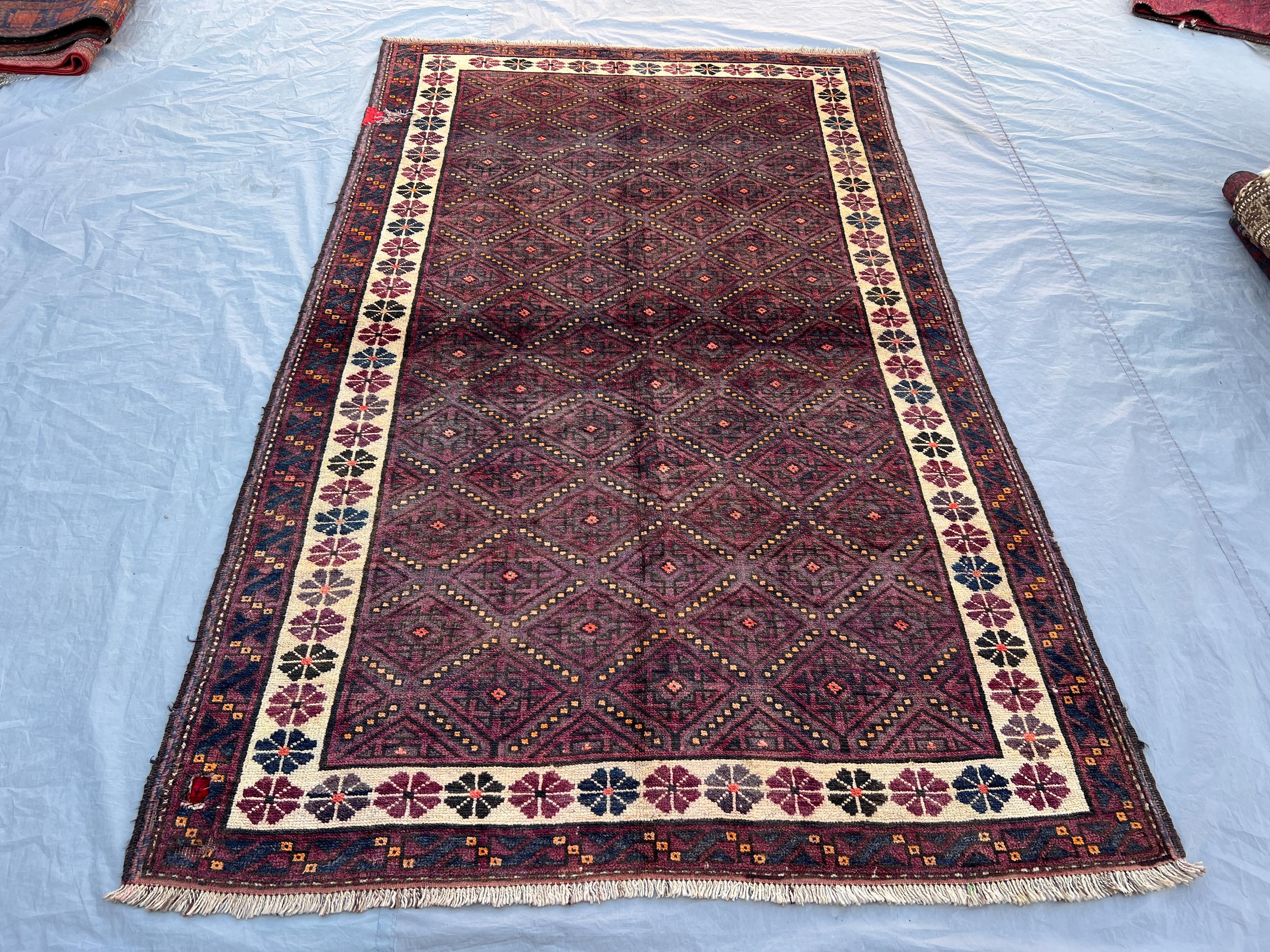 5x8 ft Vintage Afghan Baluchi Hand Knotted Wool Rug Deep Burgundy All Over Diamond Geometric Tribal Rug Living Room Bedroom