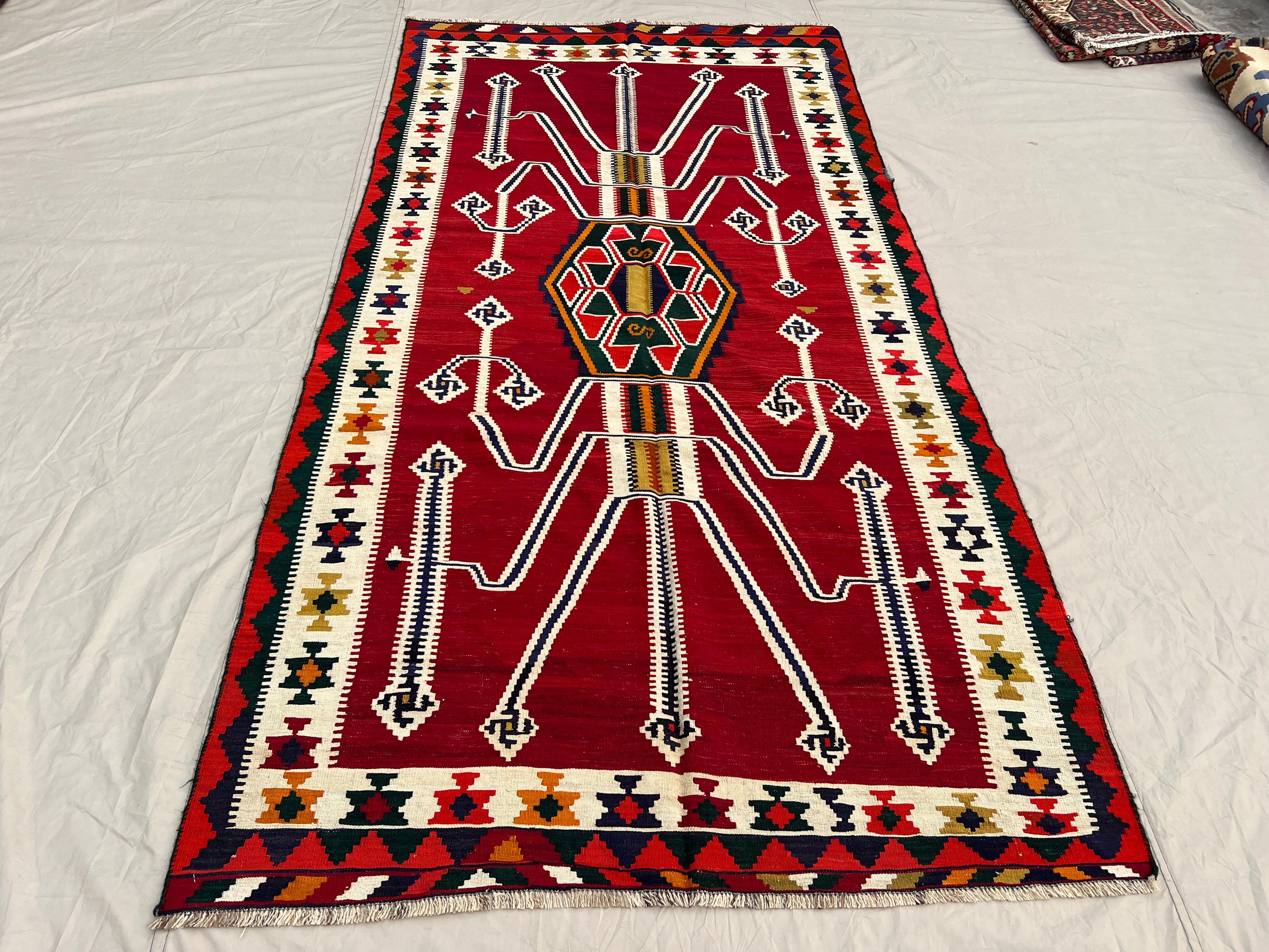 4'10x9'7 Ft Vintage Handmade Afghan Blauchi Kilim Flatweave – Red, & Multicolor Geometric Design, Traditional