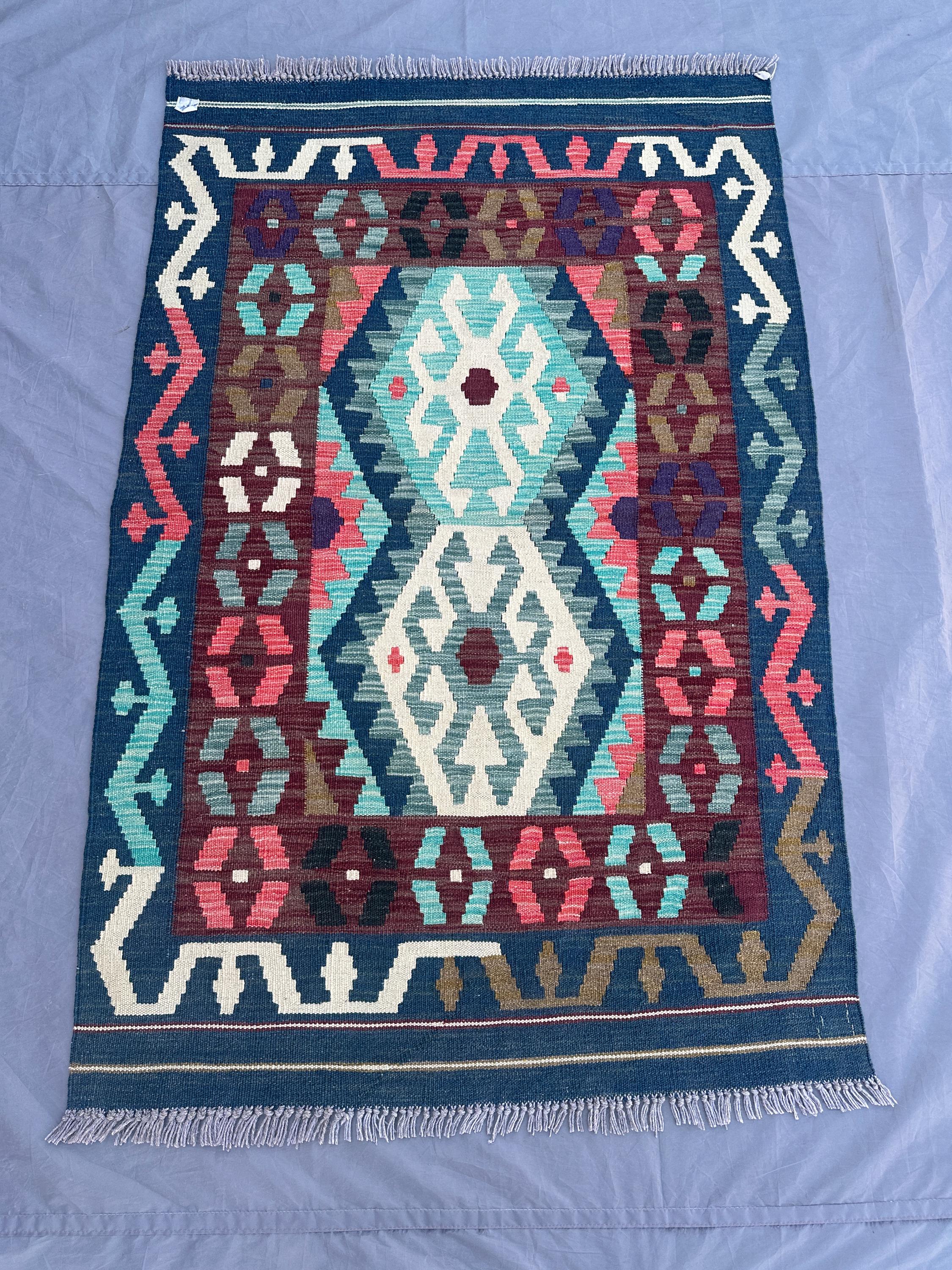 4x5 Afghan Kilim Rug | Handmade Wool Flat Weave Carpet | Tribal Geometric Pattern | Colorful Blue Red Teal | Boho Small Area Accent Rug