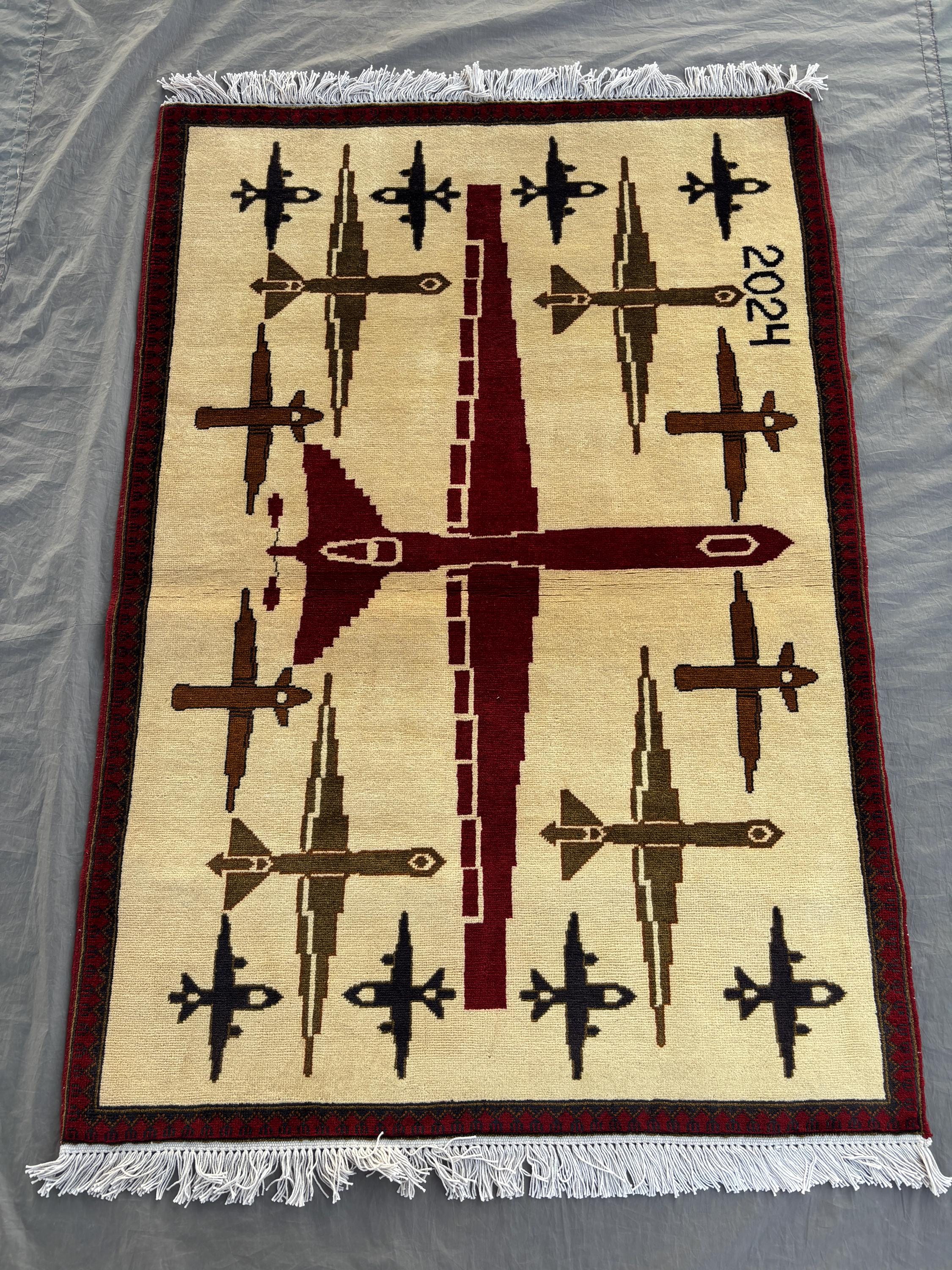 3 x 5 Ft Afghan Hand-Knotted Modern Soft Pile Rug, One of a Kind Luxury Home Boho Decor, Pictorial War Rug, Ai