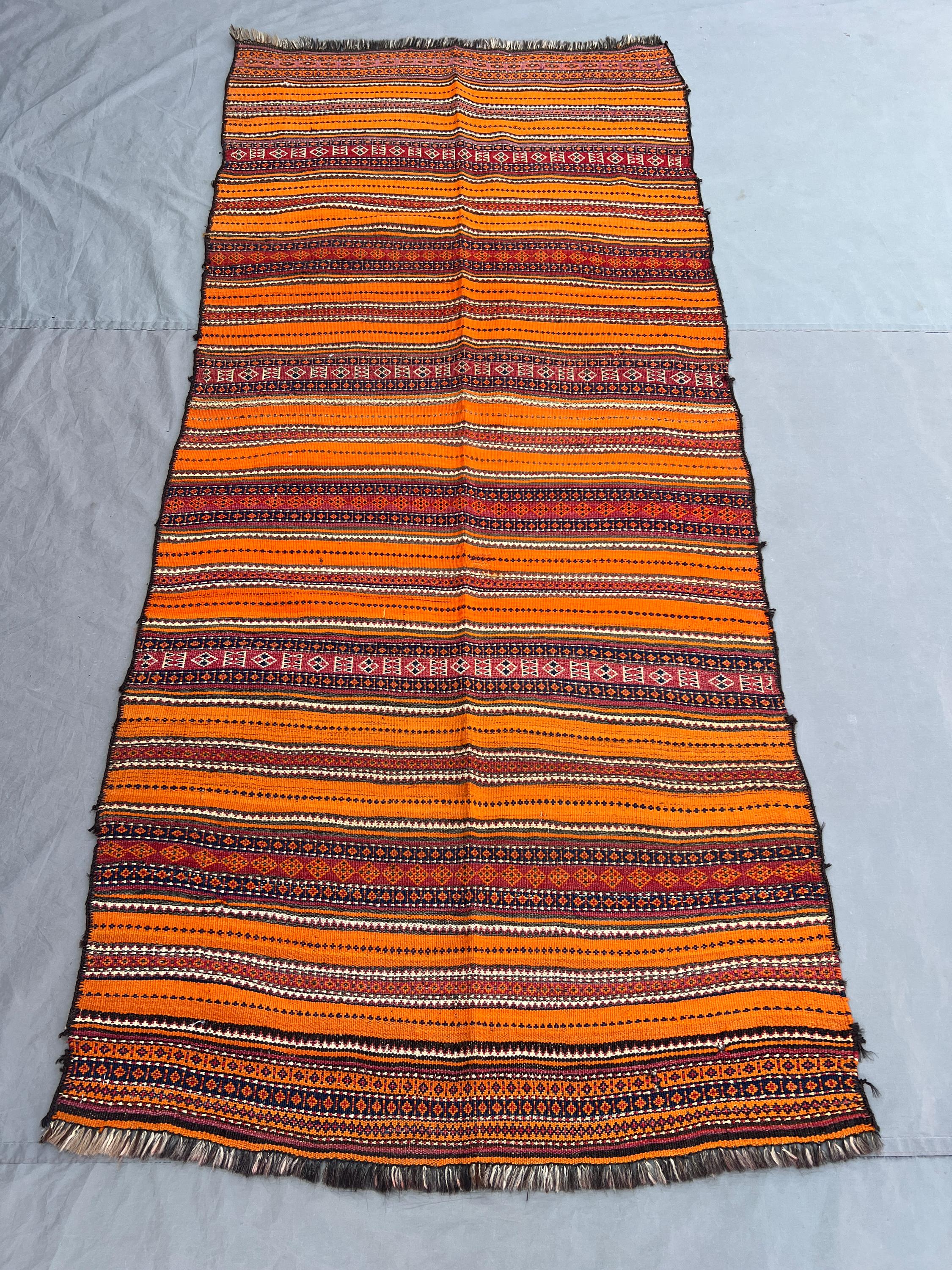 3'7x8 Ft Vintage Afghan Tribal Striped Kilim Rug, Handwoven Vibrant Orange Red Geometric Wool Flatweave | Hallway Living Room Boho Decor