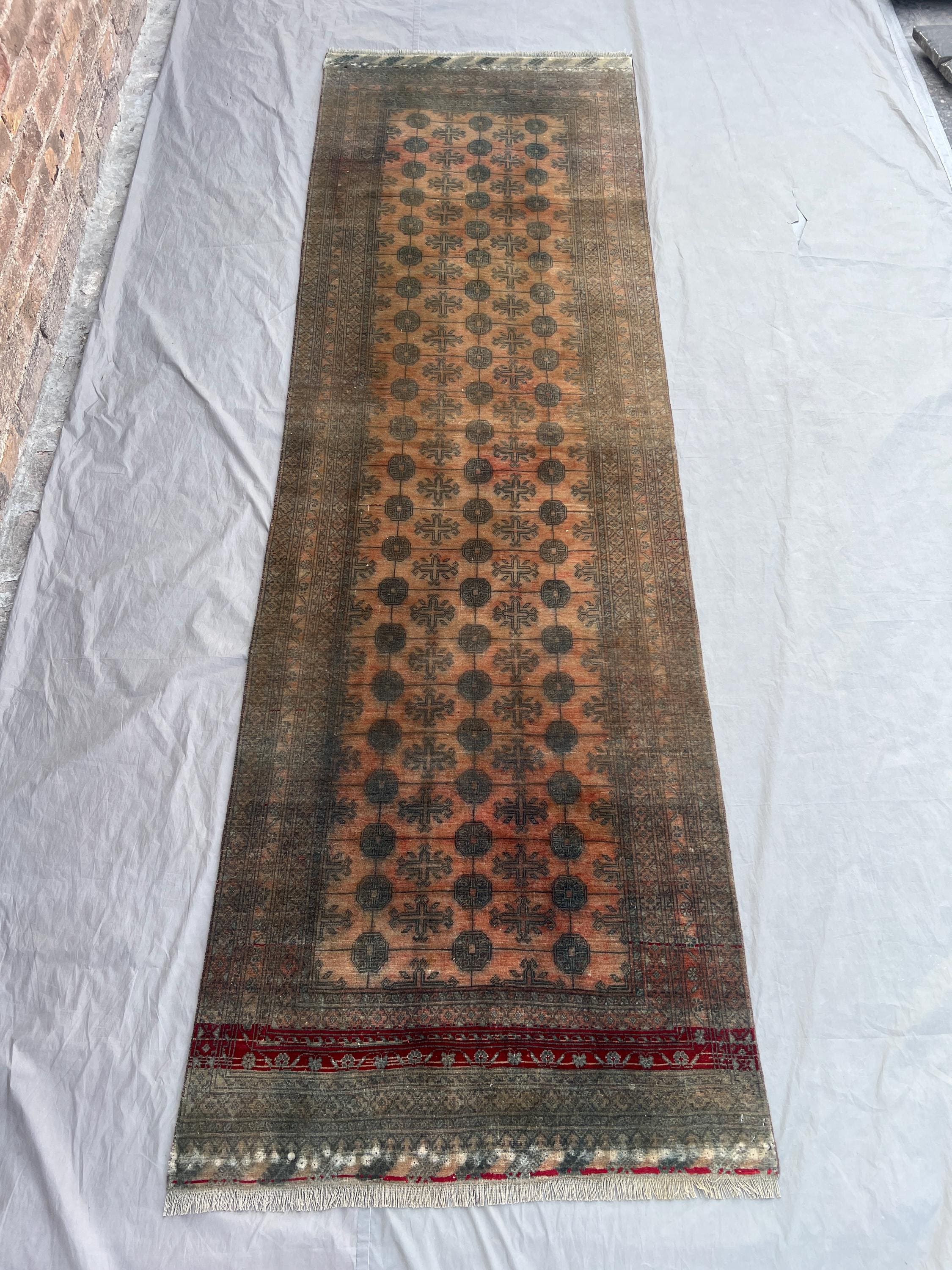 3x9 Afghan Hand Knotted Antique Turkoman Bokhara Rug, Soft Pile Geometric One of a Kind Vintage Rare Home Decor Hallway Runner | bedroom rug