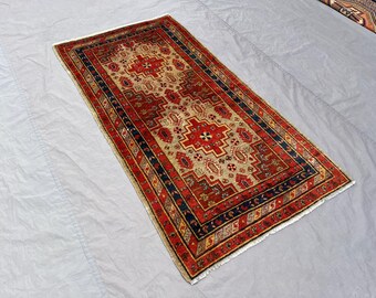3 x 5'7 ft Vintage Afghan Hand-Knotted Rug, Geometric Oriental Wool Carpet, Red Cream Tribal Design Rare Rug, Home Decor Accent Kitchen Rug