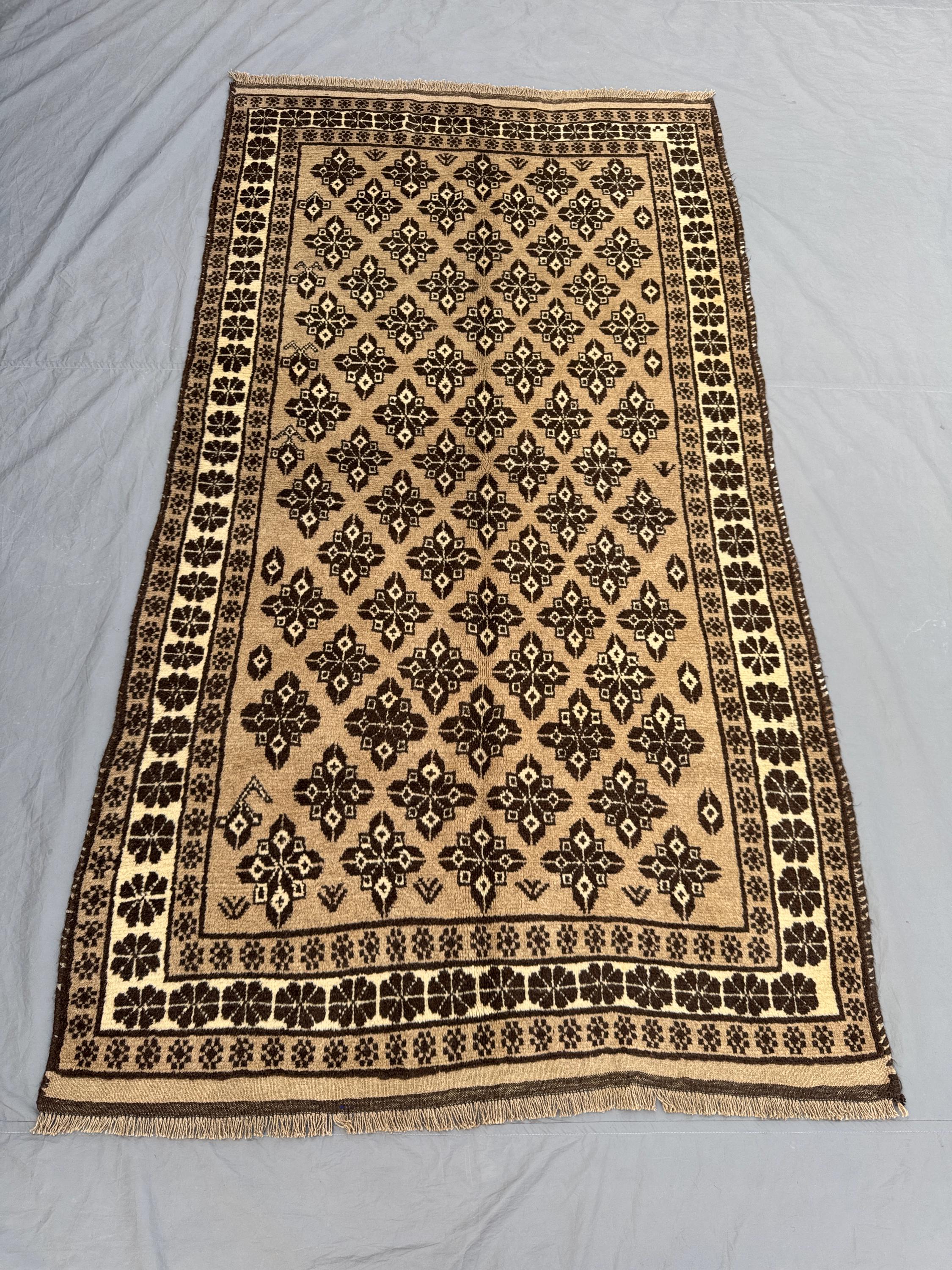 Afghan Hand Knotted Rug 4 x 8 ft Vintage Soft Pile Moroccan Style Terracotta Faded Balochi Design One of a Kind Large Area Rug